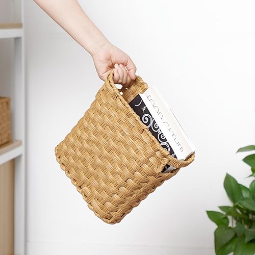 Miniatura 3 de NiOffice Papelera de mimbre tejida a mano con asas integradas, mini bote de basura multifuncional y organizador para el hogar y la oficina, diseño