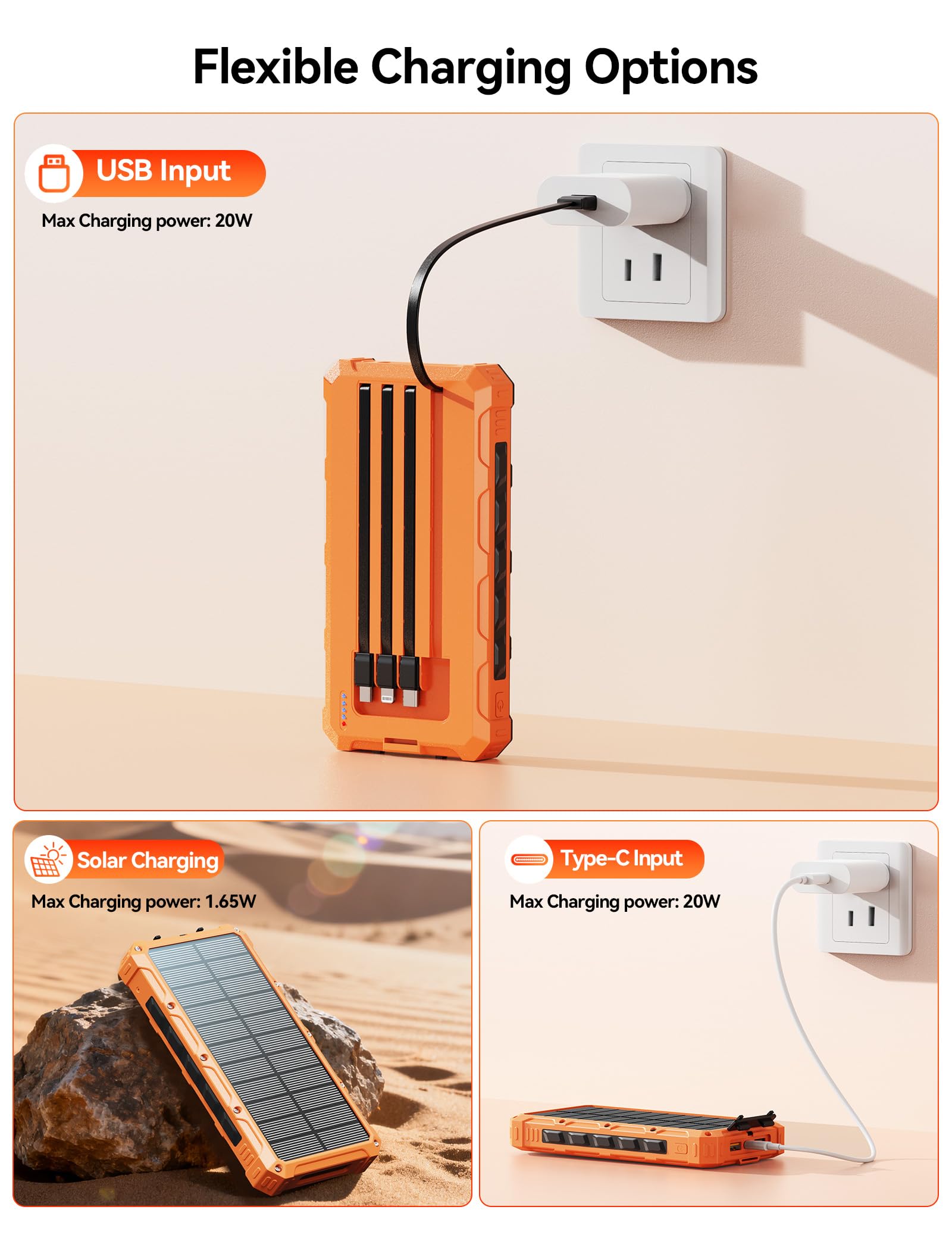Caricabatterie solare Power-Bank – 20000 mAh, caricabatterie a energia solare, 20 W di ricarica rapida con cavi integrati, batteria esterna portatile da campeggio compatibile con più dispositivi
