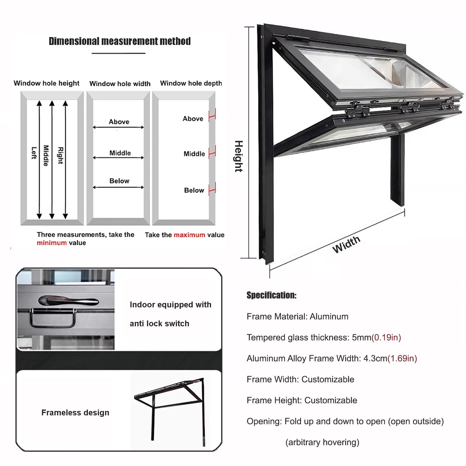 Finestra di servizio in alluminio per camion di cibo 61 x 68,6 cm finestra pieghevole Concessioni Finestra Accesso per servizi alimentari perfetta per catering ed eventi all'aperto