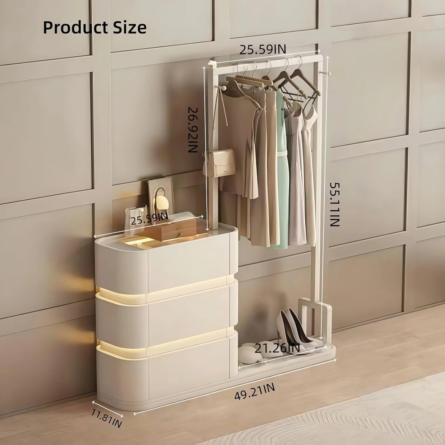 Modern Rack 49 in (Transparent Glass Storage) (Ambient Lighting) Drawers, White Freestanding Hanger for Hanging