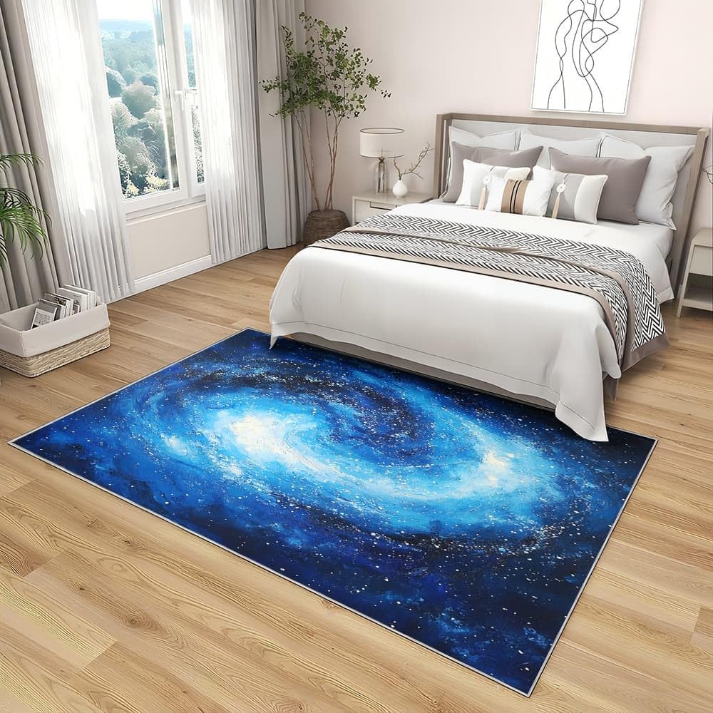 Generisch Dywan z motywem gwiaździstego nieba, miękki, antypoślizgowy, nadaje się do prania, 160 x 230 cm, niebieski, łatwy w pielęgnacji, z krótkim włosiem, odporny na zabrudzenia dywan do salonu
