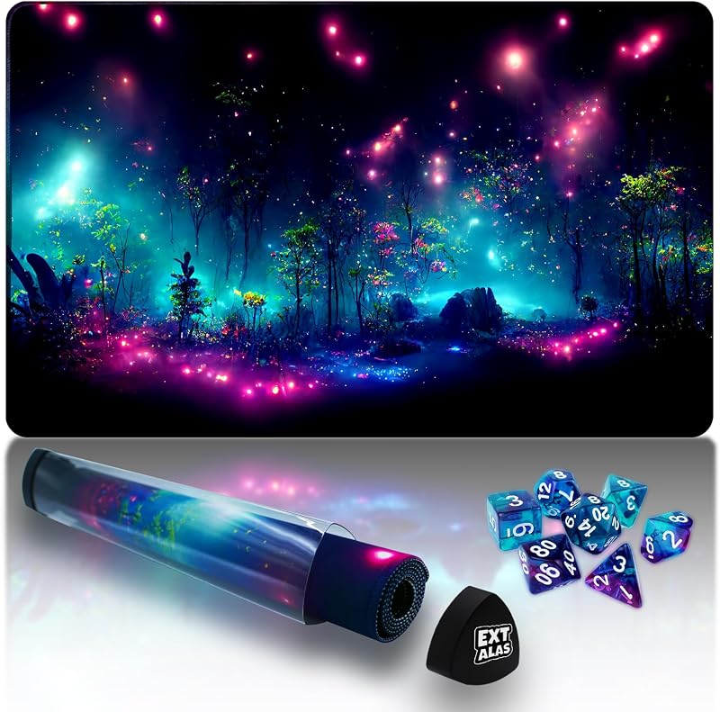 MTG Playmat with Storage Tube & 7-Dice Set - Waterproof TCG Playmat with Stitched Edges, Non-Slip Rubber Card Game Mat (24"x14") (playmat Without Zones, 1-Pretty Purple Fluorescence)
