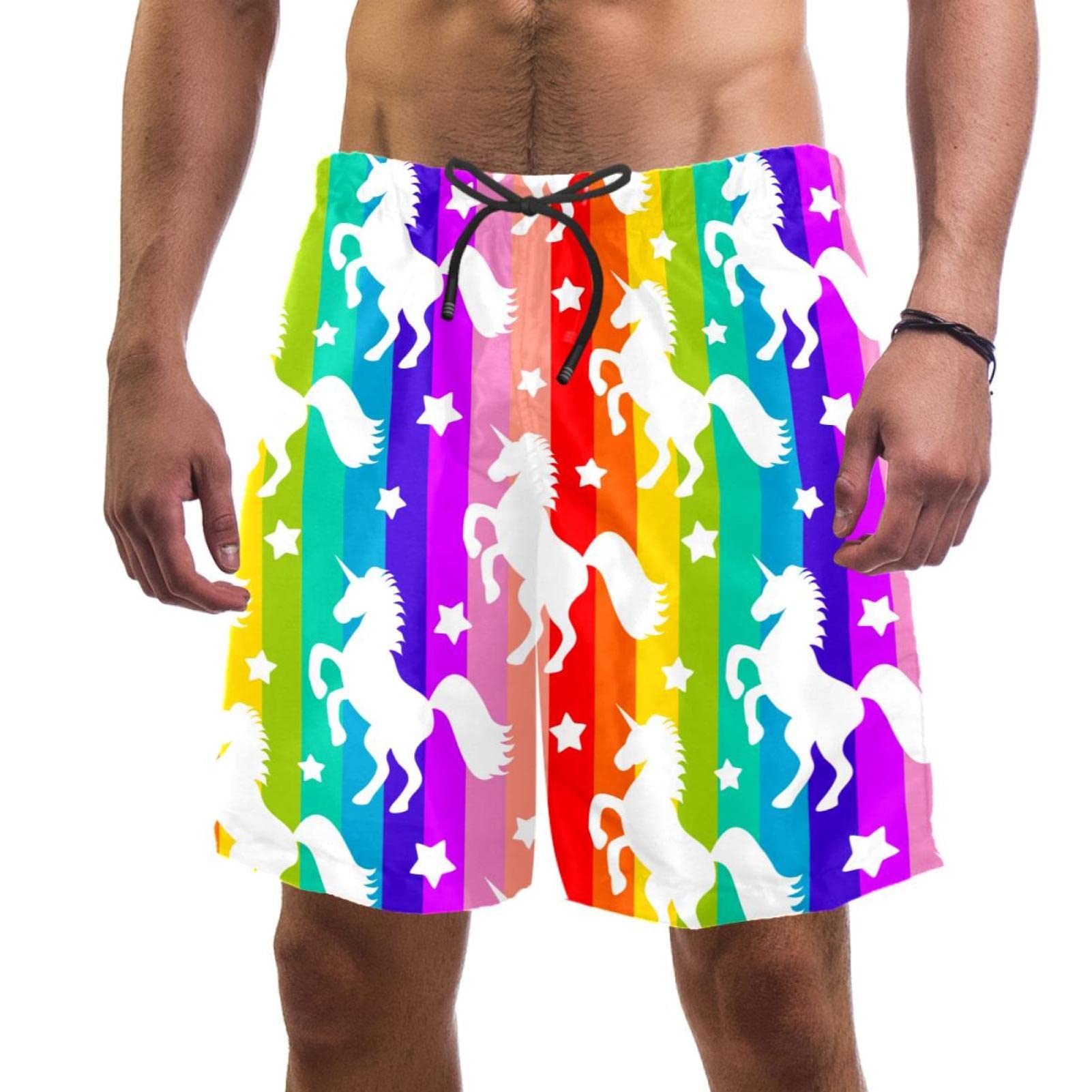 Hui Jin Shop Men's Unicorn Rainbow Swim Trunks Quick Dry Beach Shorts With Pockets