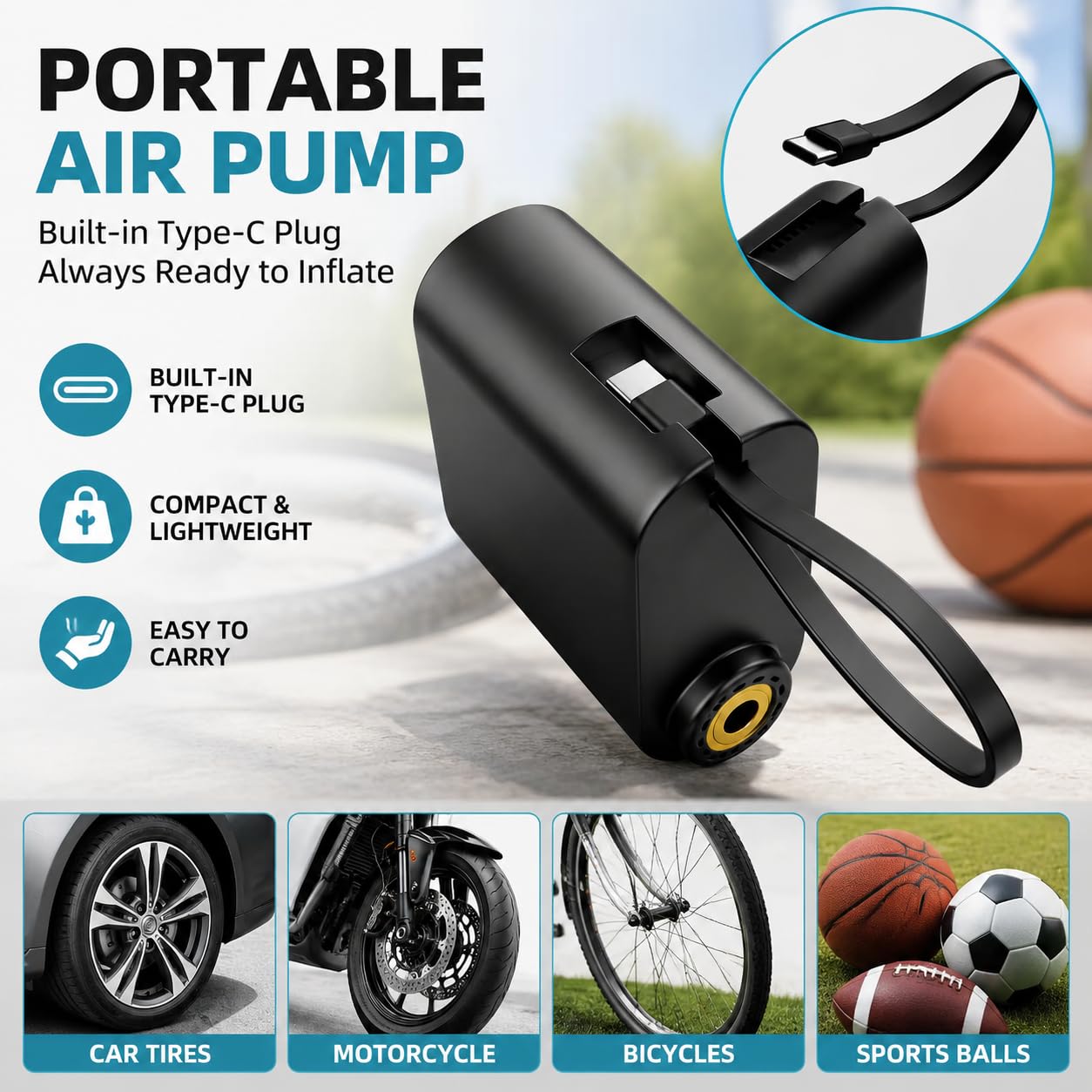 Compressore d'aria portatile per pneumatici auto, con manometro digitale, funzione di spegnimento automatico, pompa senza fili per auto, moto, bicicletta, palla