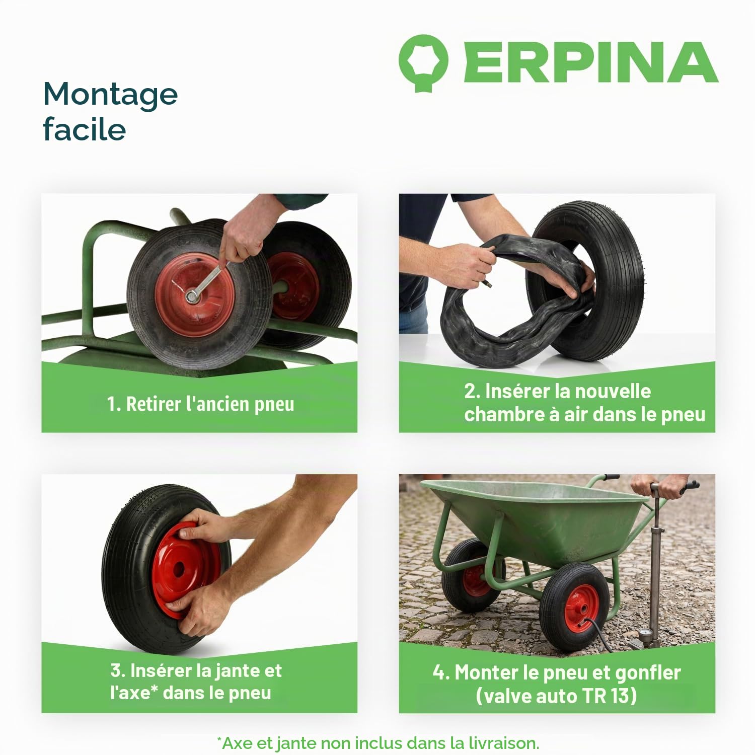 Ensemble de pneus de rechange pour brouette incl. chambre à air 4.80/4.00-8 (400x100) 4PR avec valve automatique - enveloppe de pneu universel robuste pour brouette, chariot de jardin et