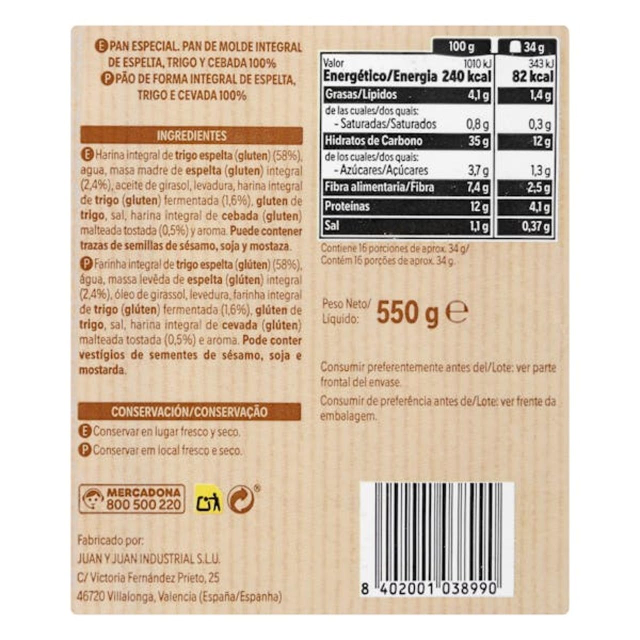 Dinkel-Sandwichbrot 100% Vollkorn 4er-Pack