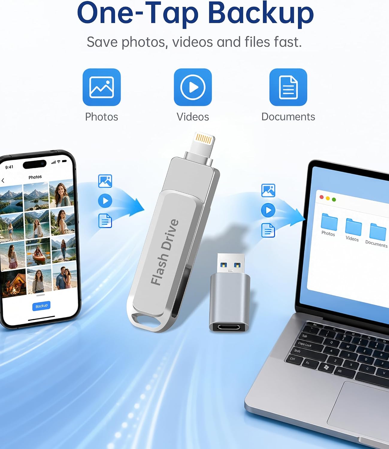 64GB MFi Certified USB Flash Drive for iPhone(Platinum),3 in 1 Portable Photo Stick Compatible with iPad/Android/Mac/PC, Memory Stick for Picture Keeper&Data Storage with ~58GB Available Space