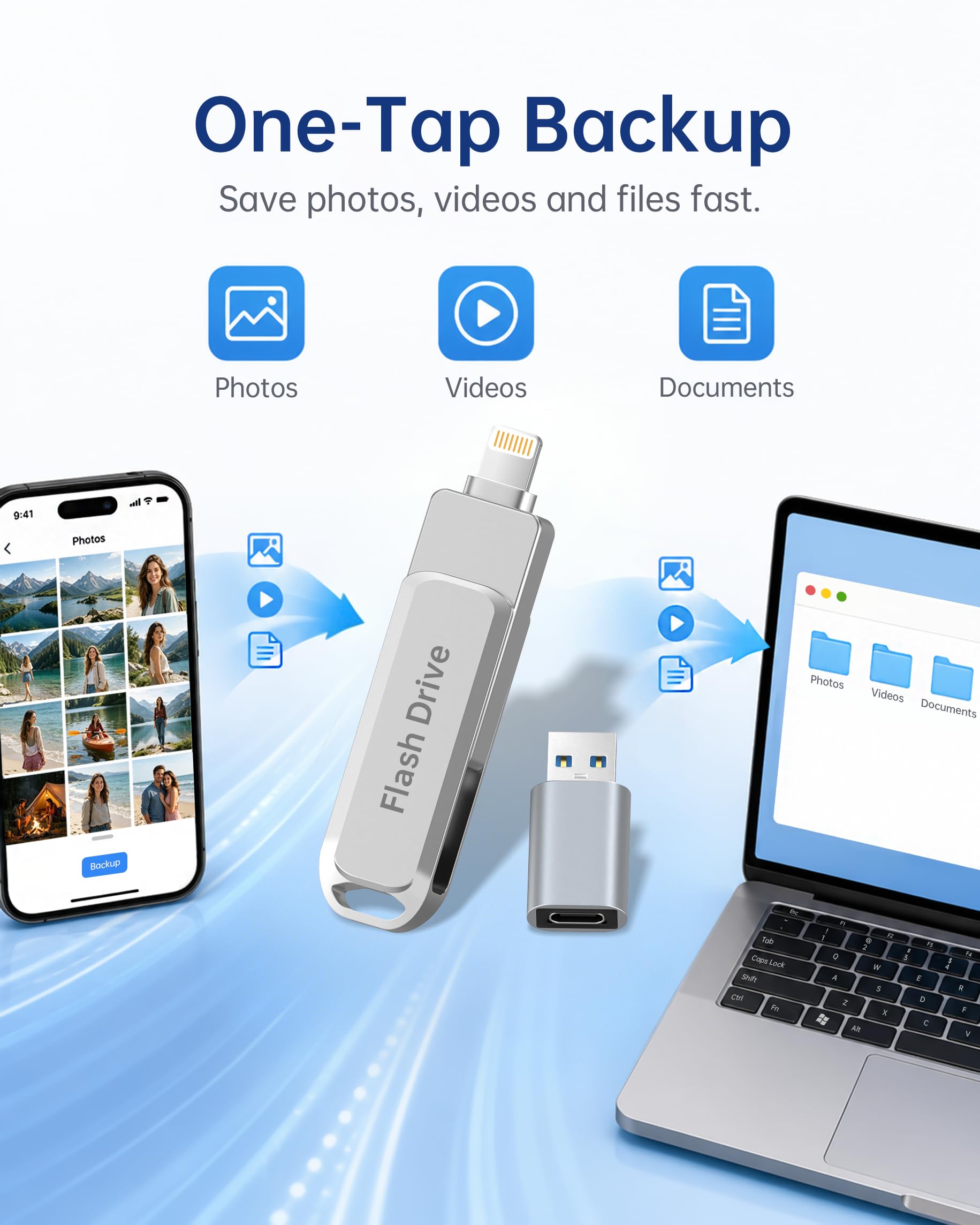 Chiavetta USB da 512 GB certificata MFI (argento), compatibile con iPhone, iPad, Android e PC, flash portatile 3 in 1, chiavetta USB, memoria per foto, archiviazione dati con ~ 484 GB di spazio