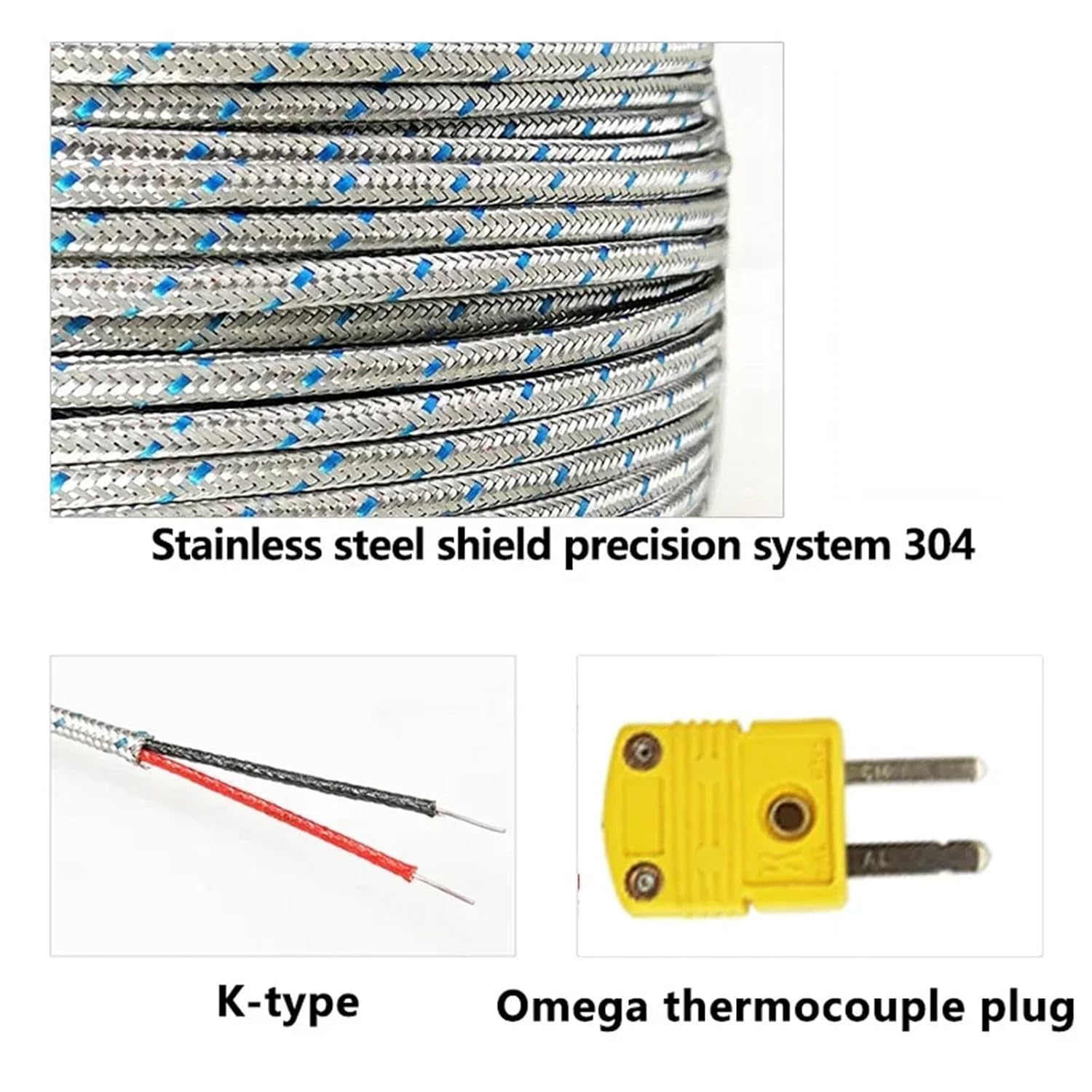 K-Type Thermocouple Sensor with High Temperature Stainless Steel Pointed Insertion Probe 500℃ with Stainless Steel Braided Cable(Probe diam 4X300mm)