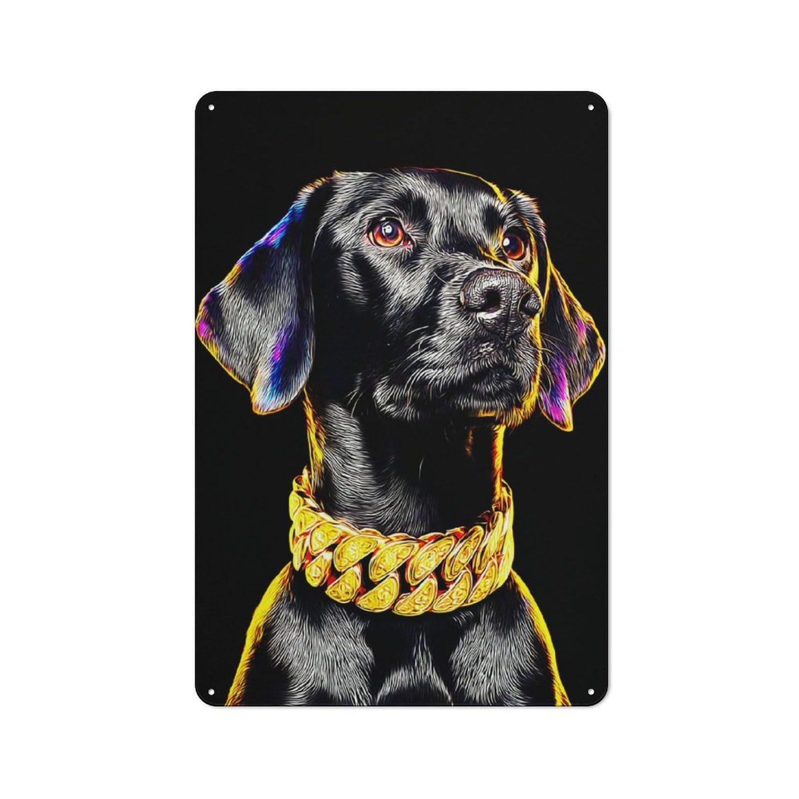 Junmoney Golden Chain Dog Portrait 30X20cm Industrial-Style Tin Sign With For Hallway Wall, A Metal Wall Feature For A Newly Arranged Hallway