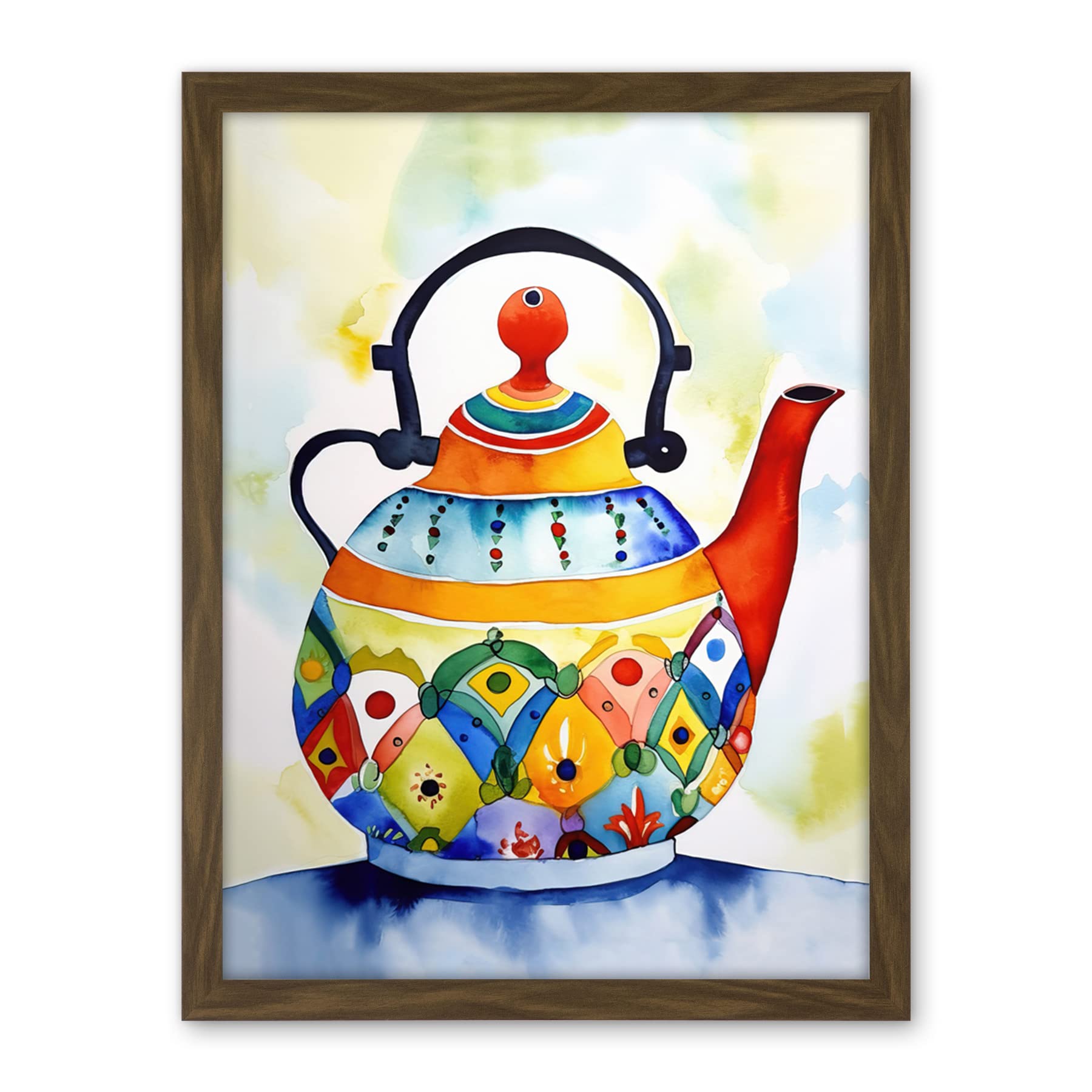 Artery8 Enamelled Patterned Teapot Tea Kettle Folk Art Watercolour Painting Artwork Framed Wall Art Print 18X24 Inch