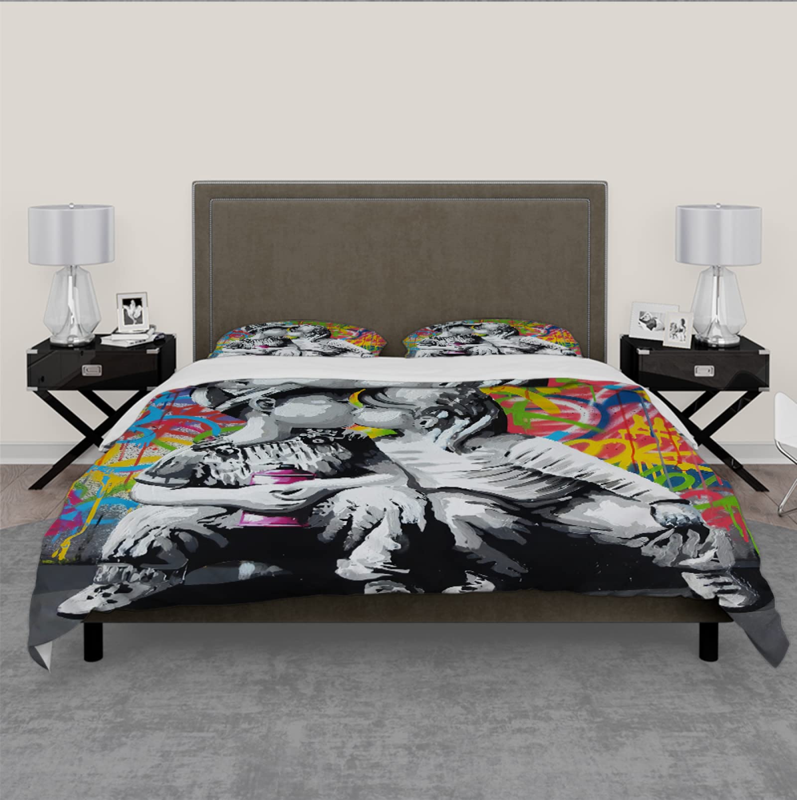 Enfants Kiss Housse de Couette Street Art Style Soft Housse de Couette 3 Pièces Colorful Graffiti Soft Housse de Couette avec 2 Pillow Shams 140x200cm
