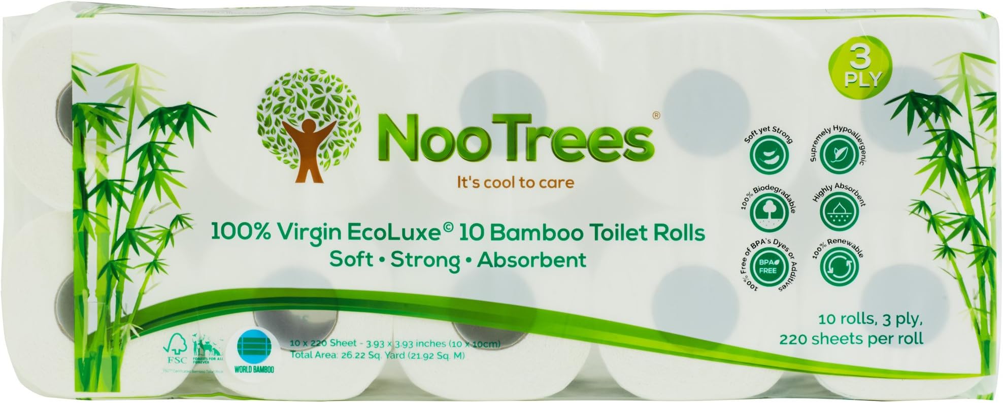 NooTrees Bamboo 3-ply Bathroom Tissue, 220 Sheets, 10 Rolls, Ecofriendly, 100 Percent Biodegradable & Sustainable, Hypoallergenic, Ultra Absorbent Velvety Soft, Pack of 4
