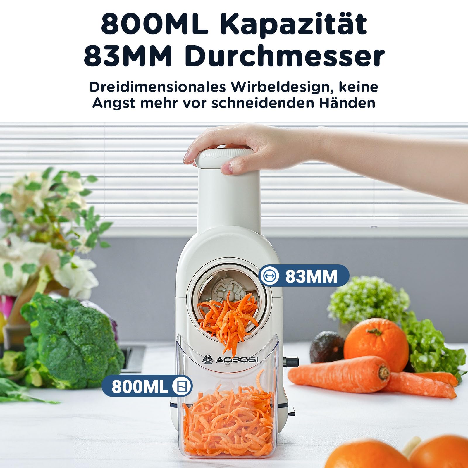 Gemüseschneider Elektrisch, AAOBOSI Elektrischer Gemüseschneider mit Aufbewahrungsbox, großem Einfüllschacht zum ganzer Karotten, Kartoffeln, 3 Einsätze und leisem Motor-Upgrade