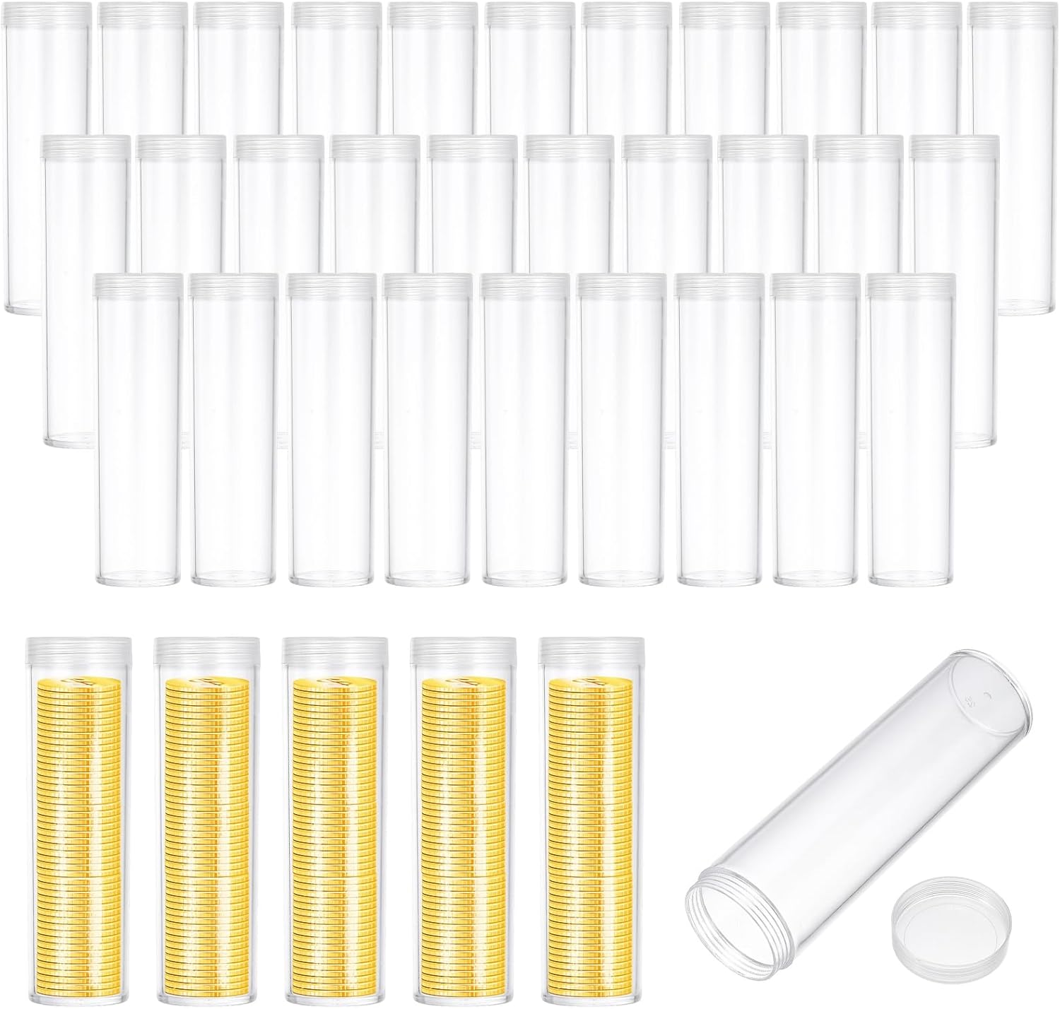 PATIKIL Coin Storage Tube, 36 Pcs Plastic Coin Holders Tube with Screw on Lid Dollar Container for 25 mm Small Dollar Collections Supplies Daily Change, Transparent