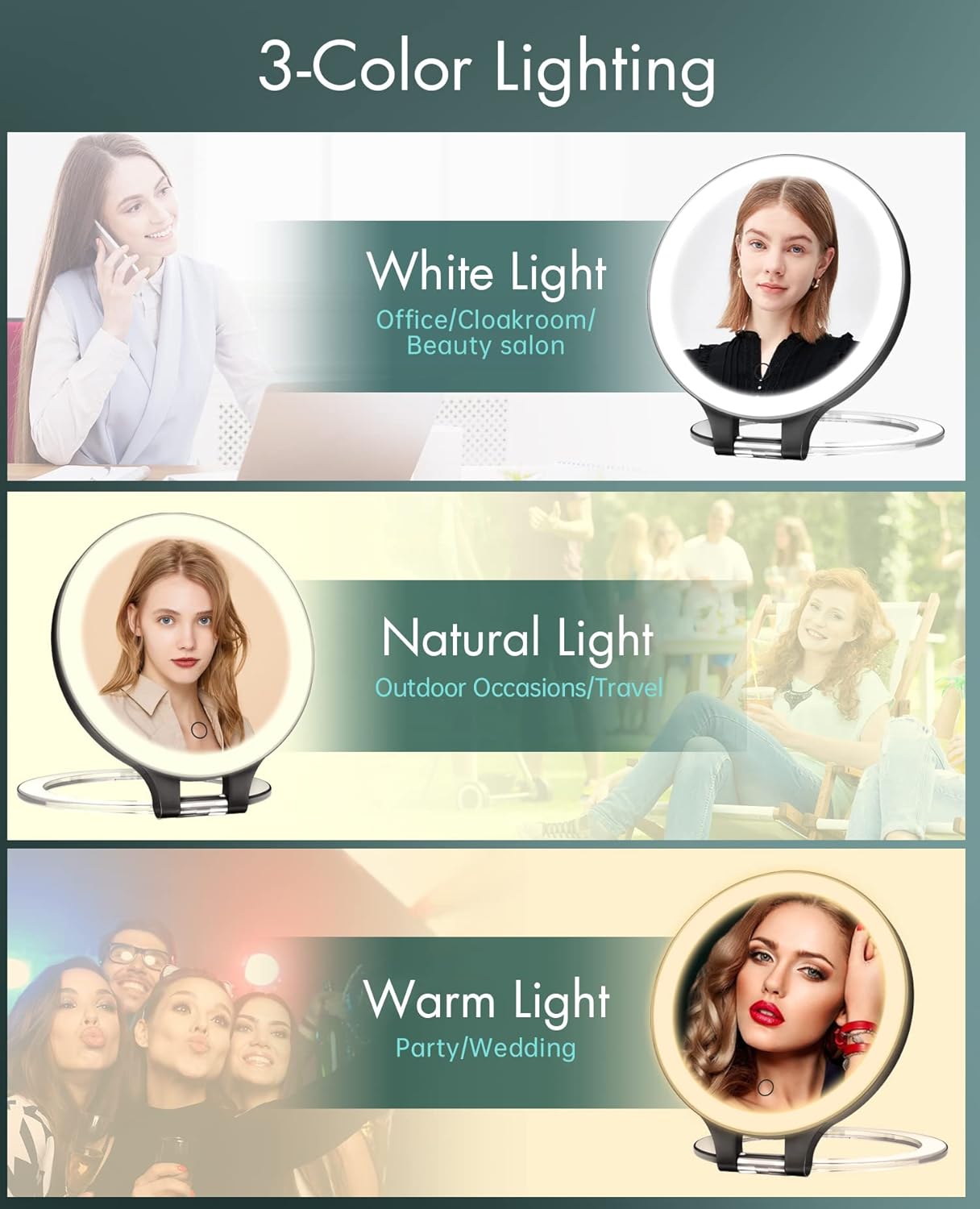 FASCINATE Magnifying Mirror 10X 1X Double Sided Magnification Makeup Vanity Mirror Rechargeable Lighted Mirror with 3 Color Setting Adjustable Rotation LED Vanity Desk Mirror