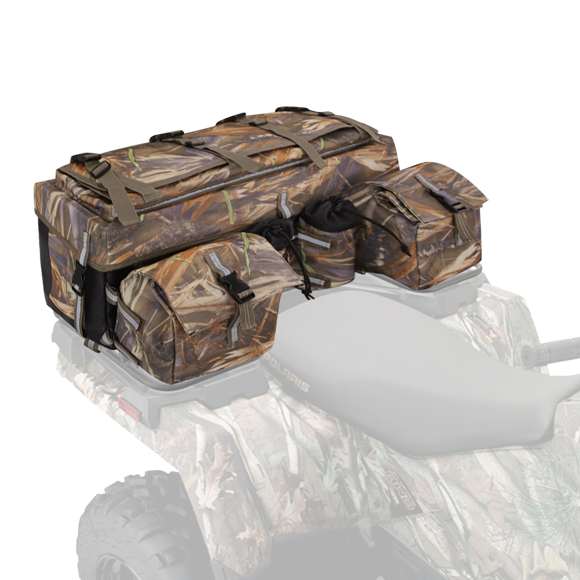 UNISTRENGH ATV Cargo Bag Rear Rack Gear Bag 600D Waterproof Oxford with Reflective Stripe Topside Bungee Tie-Down Storage Padded-Bottom Multi-compartment Camo All Purpose Rear Seat Bag (Camouflage #2)