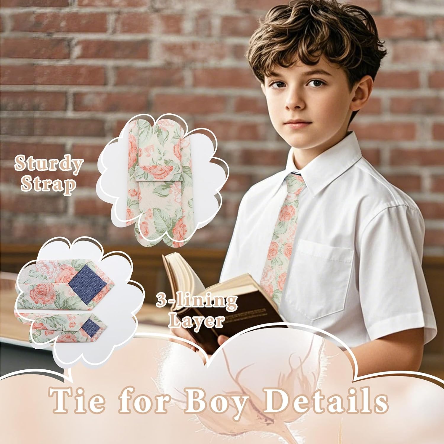 LJBFNN Boys Tie, Floral Necktie for Children Cotton Kids Ties Self-Tie School Ties for Wedding Graduation Uniform Party