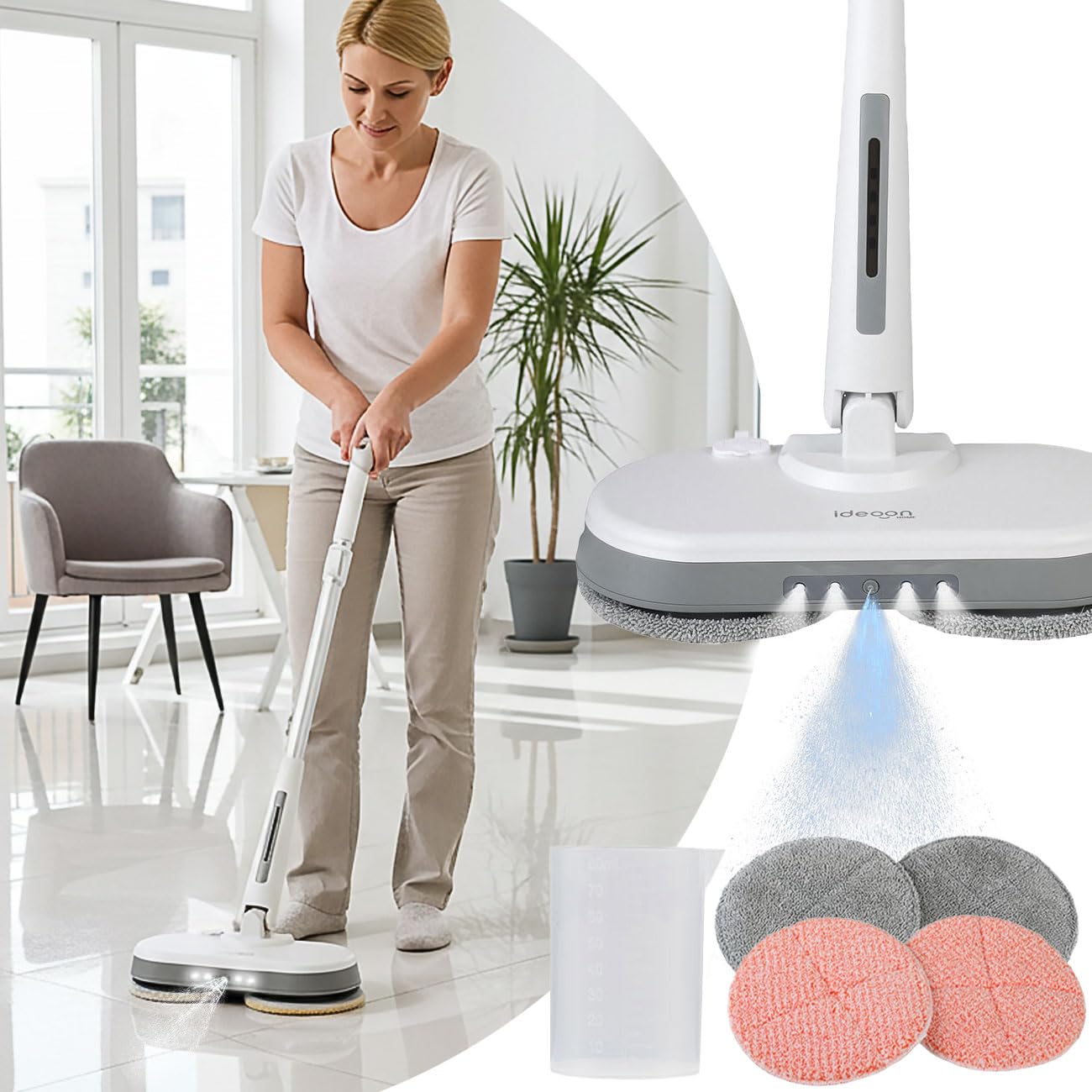 ideoon Pulidora inalámbrica para suelos con depósito de agua: 30 W de potencia y 40 minutos de tiempo de funcionamiento, barra telescópica, mopa para grandes superficies, azulejos, laminados