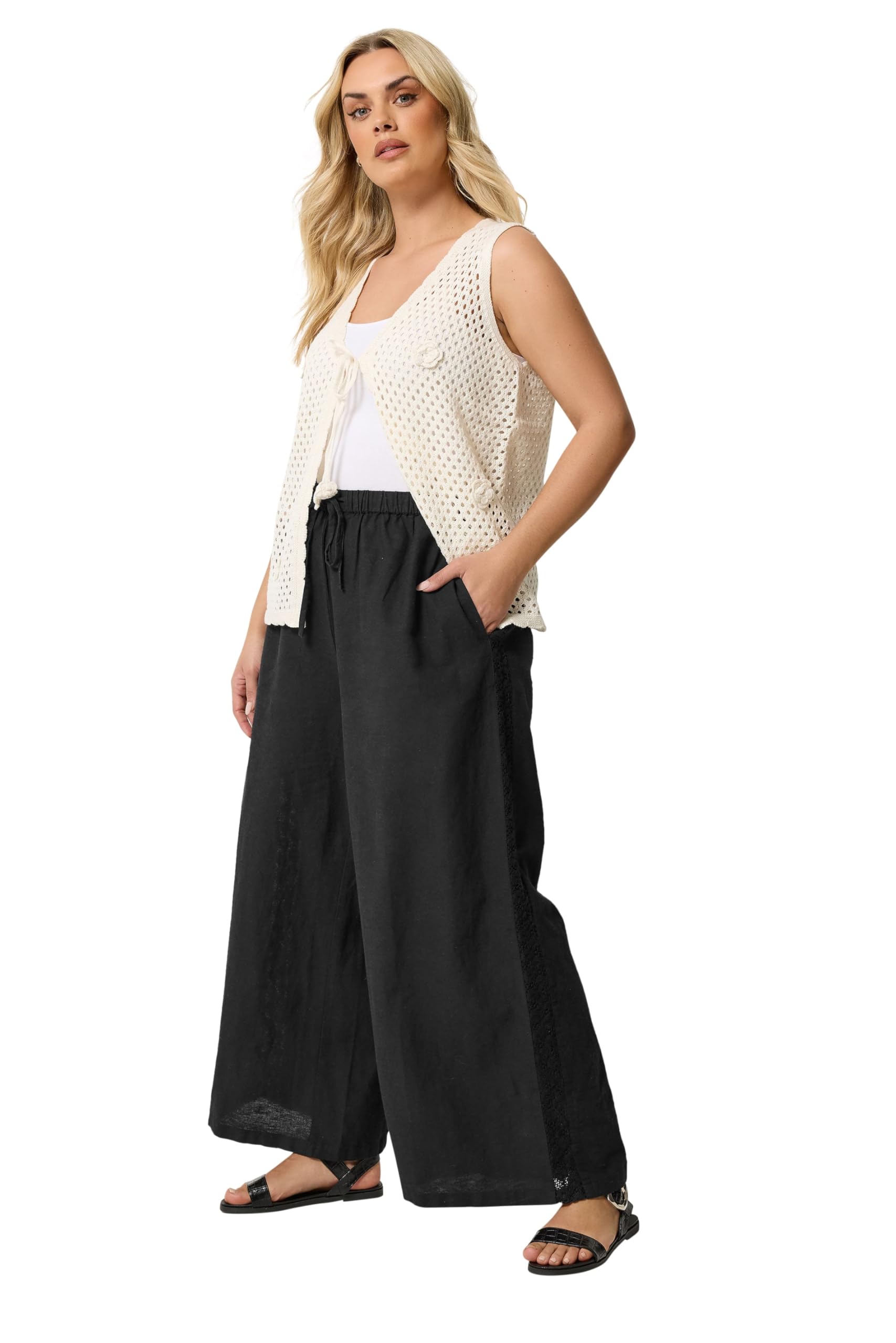 Yours Curve Crochet Detail Linen Trousers - Women's - Plus Size Curve Black