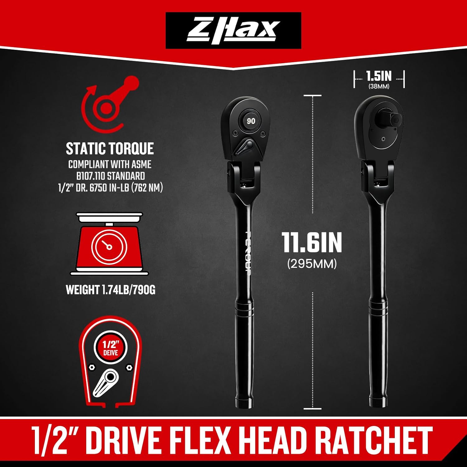 zhax 1/2" Drive Flex-Head Ratchet, 90-Tooth Quick Release Ratchets, 4° Swing Arc, Reversible Ratchet Wrench for Repairing, Home, DIY, Chrome Alloy Made