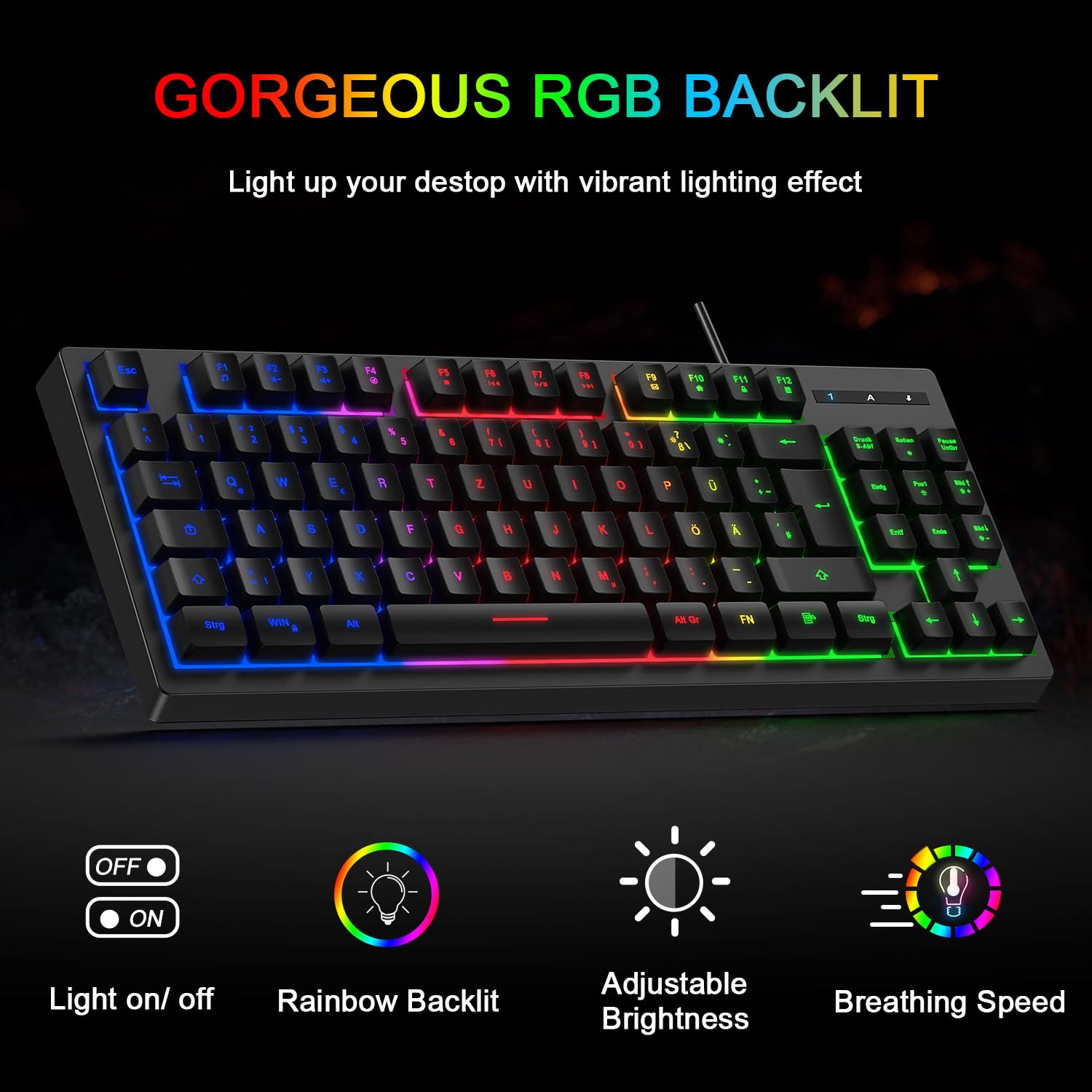 Tastatur und Maus Set, QWERTZ DE Layout 75% TKL Tastatur, RGB Beleuchtete Tastatur, 4 Farben Ergonomische Gaming Maus, Kabelgebundene Gaming Tastatur Maus mit Mauspad für PC, Mac