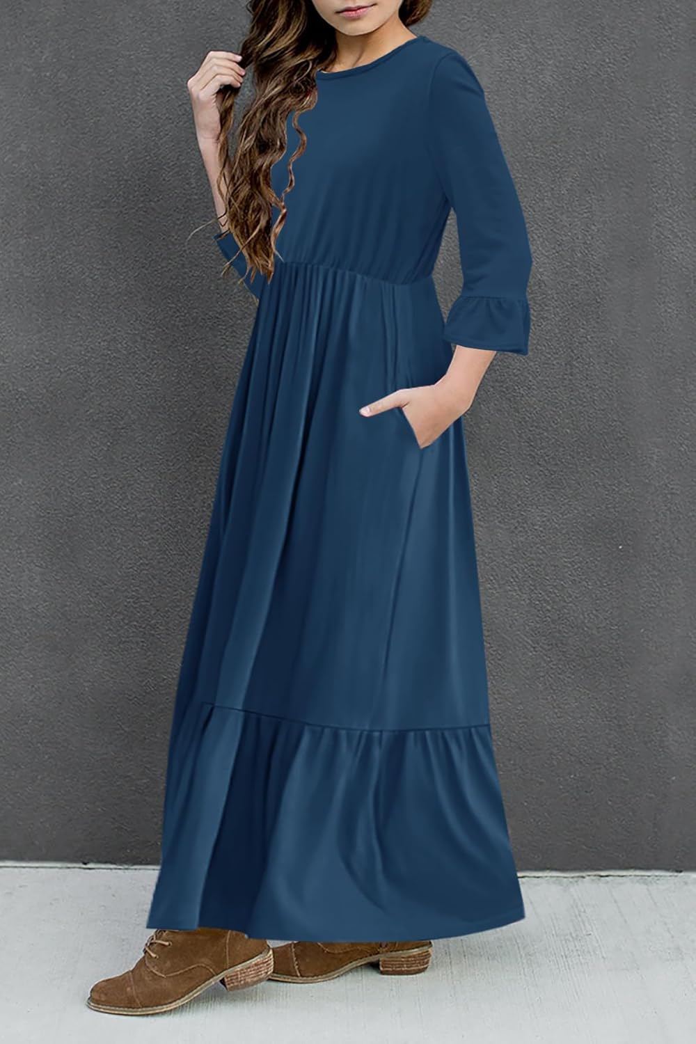 HOSIKA Girls Maxi Dress Crew Neck A-line Loose Flowy Tiered Holiday Casual Dresses with Pockets for 6-12 Y - Image 3