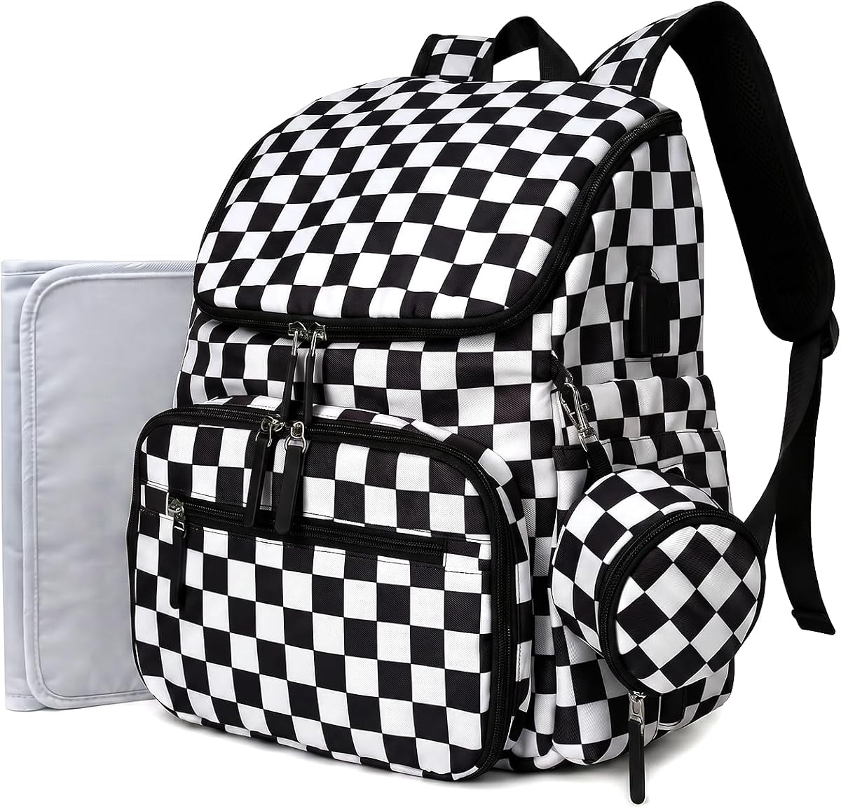 Checkered Diaper Bag Backpack with Changing Pad & Stroller Clips | Baby Diaper Bag, Baby Shower Gifts, 4 Insulated Bottle Holders, Wet Wipe Pocket, Luggage Strap