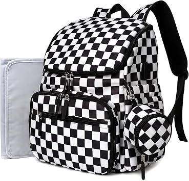 FHELAD Checkered Diaper Bag Backpack with Changing Pad & Stroller Clips
