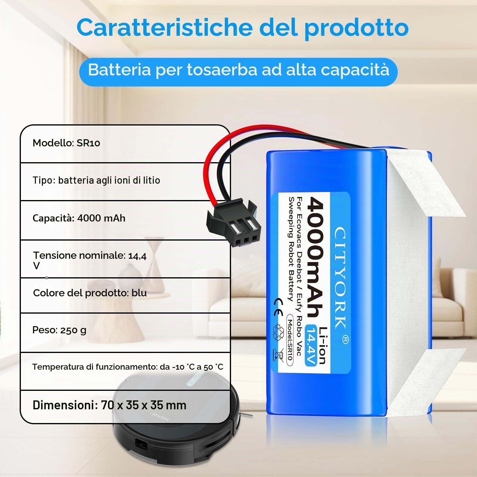 CITYORK 4000mAh Batteria per Proscenic 850T 850P, per Honiture G20, per Lubluelu SL61/SL60D, per Ultenic D5/D5s Pro, per Venga 3000 3001, per Lefant T700, per Tikom G8000, per Bagotte BG600 BG750 Max