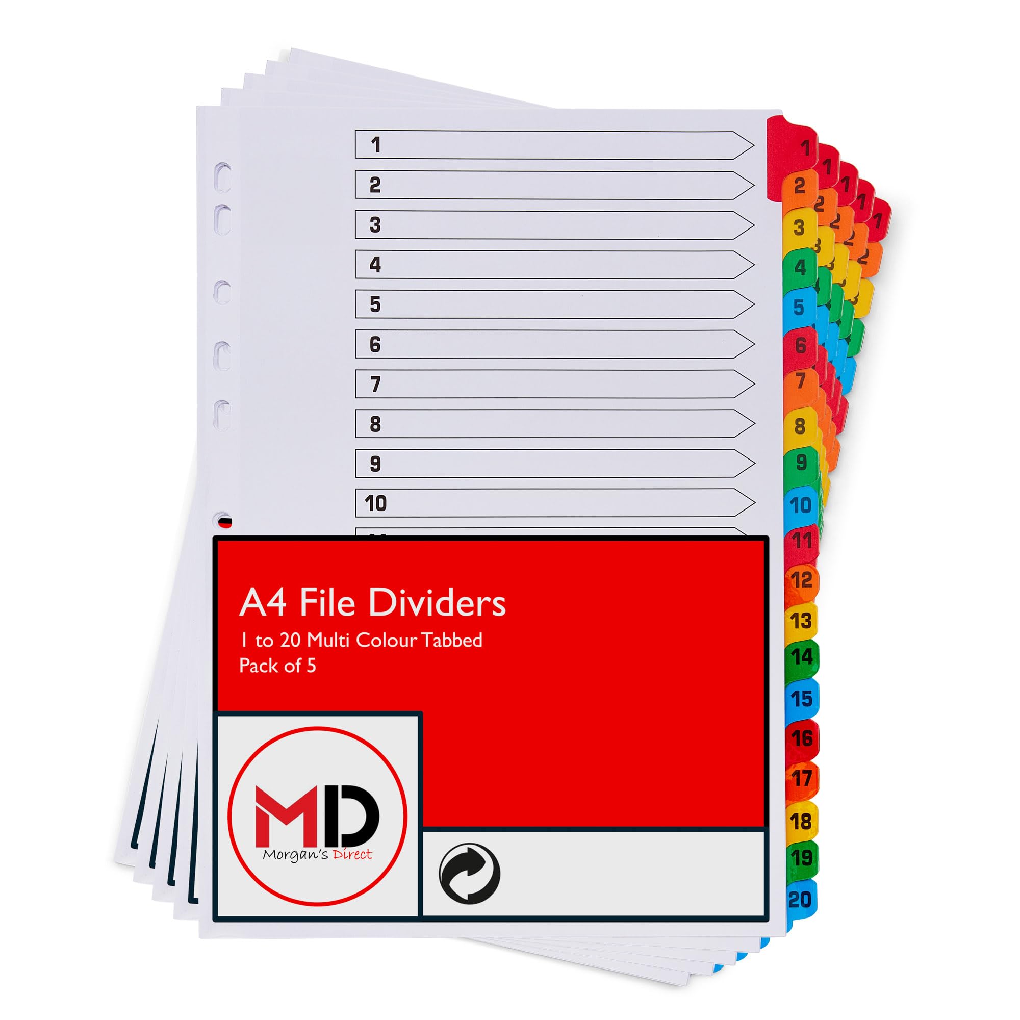 A4 1-20 File Dividers with Coloured Numbered Index Tabs - Multi Hole Punched and Reinforced Subject Divider - Pack of 5 โ image 1