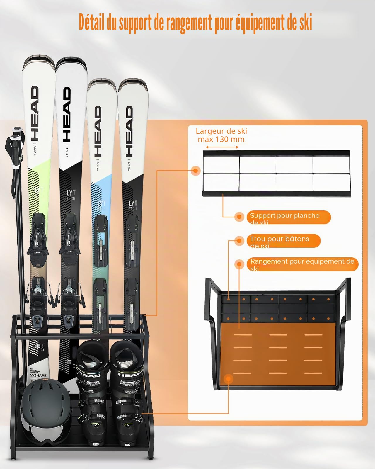 FHXZH Porte-skis pour garage – Supports de ski autoportants pour 4 paires de skis, bottes de ski, bâtons de ski, lunettes, casque et plus encore, support de sol en acier robuste pour garage, sous-sol