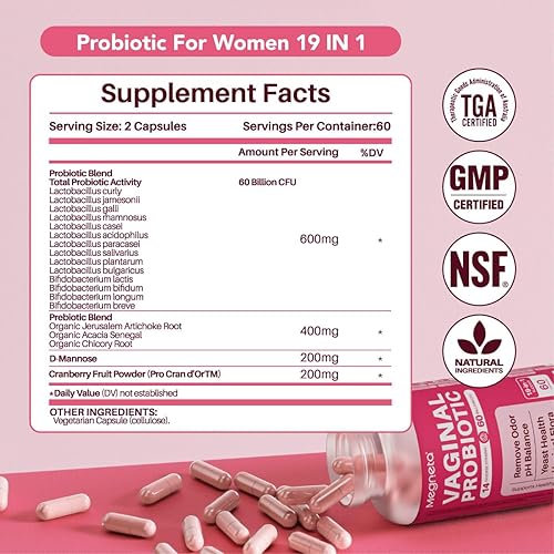 Miniatura 5 de Probióticos vaginales con prebióticos arándano, 60 mil millones de UFC, 14 cepas probióticos para mujeres con prebiótico y D-manosa, probiótico para