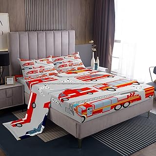Erosebridal Fire Truck SheetÂ Set Red Fire Engine Vehicle Sheets, Ambulance Police Car Pattern BedÂ SheetsÂ Set for Boys Children Toddler Kids, 1 Top Sheet 1 Fitted Sheet 2 Pillowcases, Queen Size