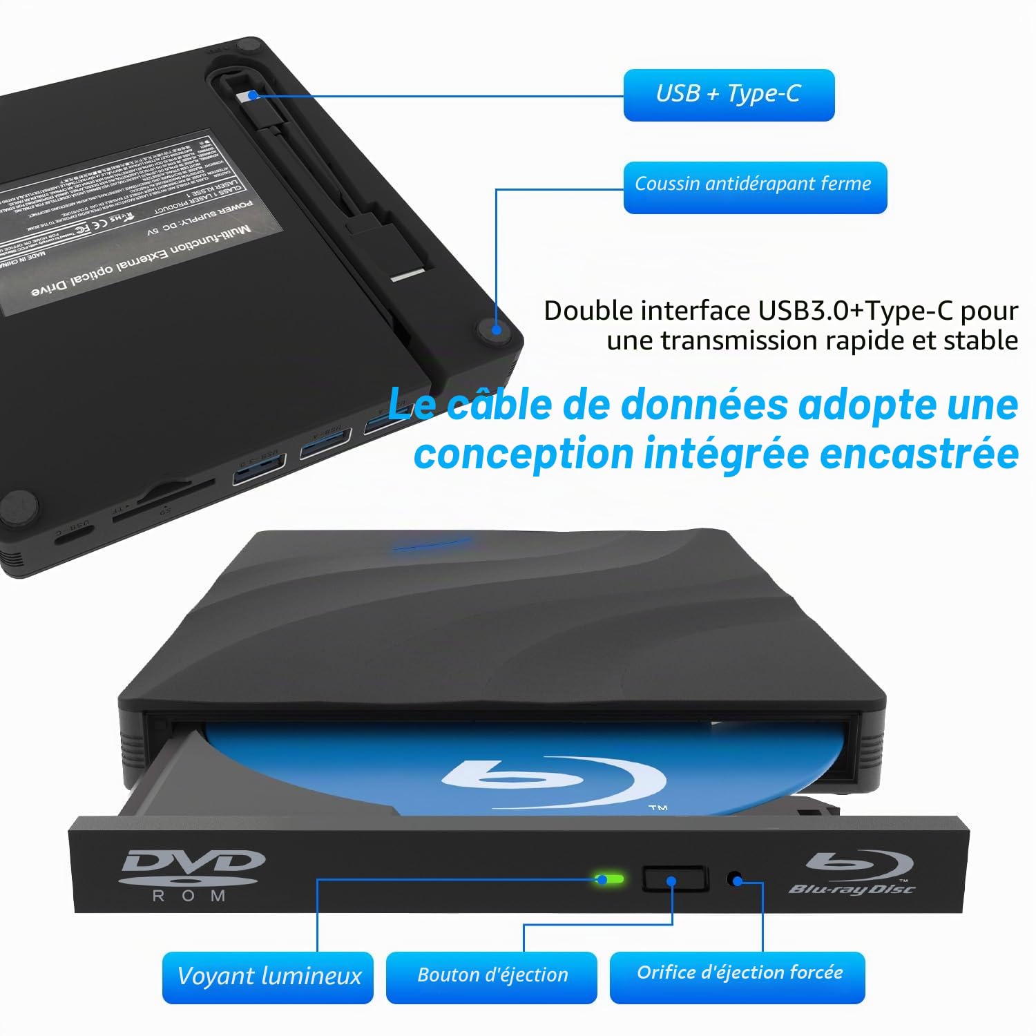 8 en 1 Lecteur Blu-Ray Externe Lecteur DVD BD Lecteur Blu Ray avec USB 3.0 Type-C Portable Lecteur Blu Ray Externe 3D CD DVD Optical Bluray Drive pour PC Windows 10 8 7