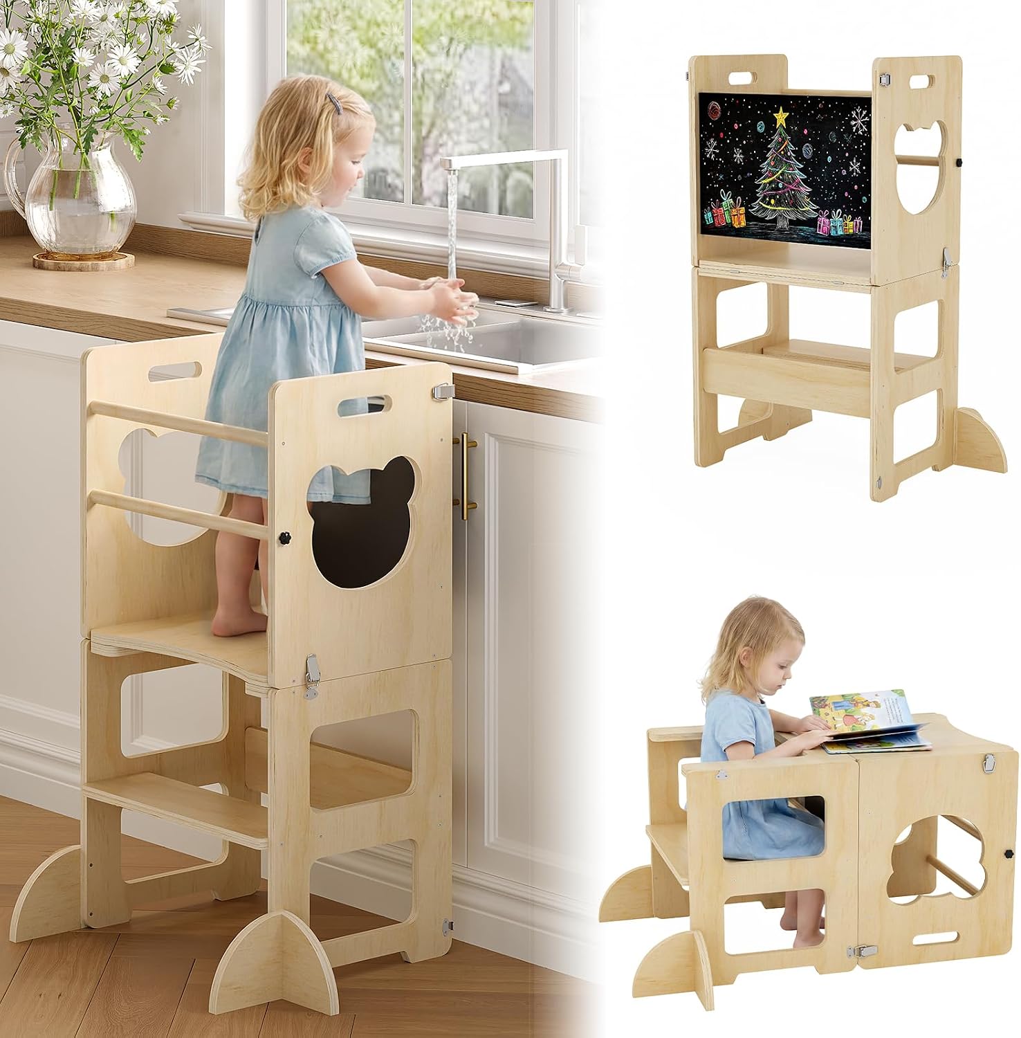 4-in-1 Toddler Kitchen Step Stool, Foldable Toddler Tower with Blackboard, Toddler Kitchen Stool Helper for Kids, Wooden Step Stool for Toddlers, Learning Standing Tower, 1-3 Year Old Boy Girl Gift