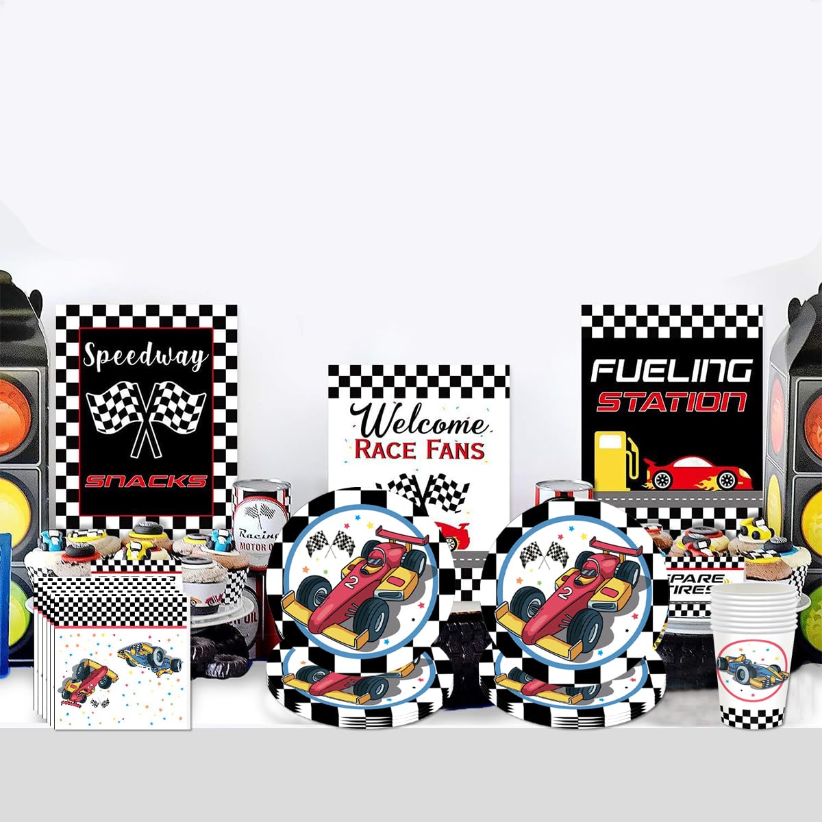 PIXHOTUL Decoratie voor verjaardagsfeest, racewagen, met papieren borden, tafelkleed, papieren bekers, bandservetten, vlag voor kinderverjaardag, 20