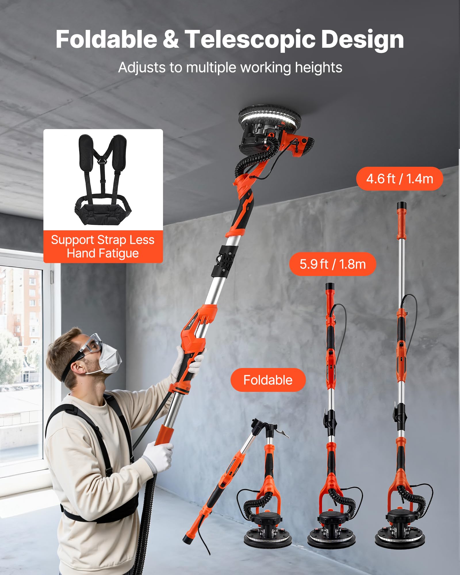 VEVOR Lijadora de Pared y Techo 1150W, Lijadora Jirafa, 5 Velocidades 800-1700 RPM, Tubo Telescópico 1,4-1,8 m, Aspiradora LED Integrados, 15 Hojas de Papel de Lija, Pulidora para Pared de Yeso Gotelé