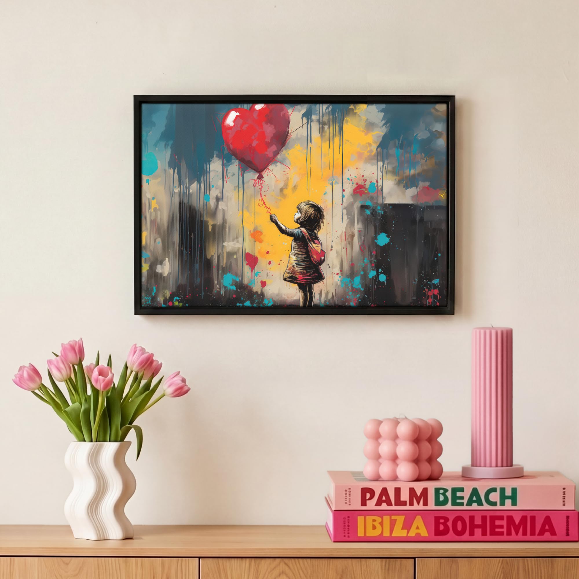 OnlyWow© Lienzo Con Marco De Madera 30x20 cm Cuadros Decorativos Salon Modernos Dormitorio Lienzos Canvas Living Room Wall Art Pasillo Chica - Globo - Corazón - Graffiti
