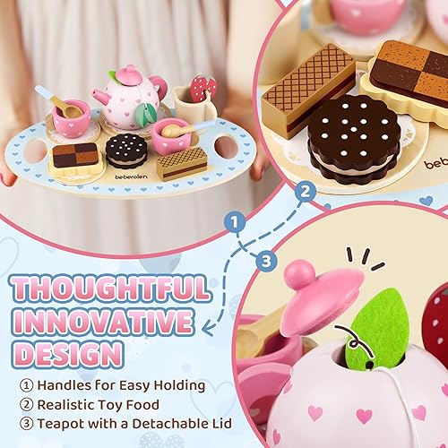 Miniatura 4 de Juego de té de madera para niñas pequeñas, regalo de cumpleaños, juguetes de princesa de 3 a 4 años, juegos de comida para niños, accesorios de