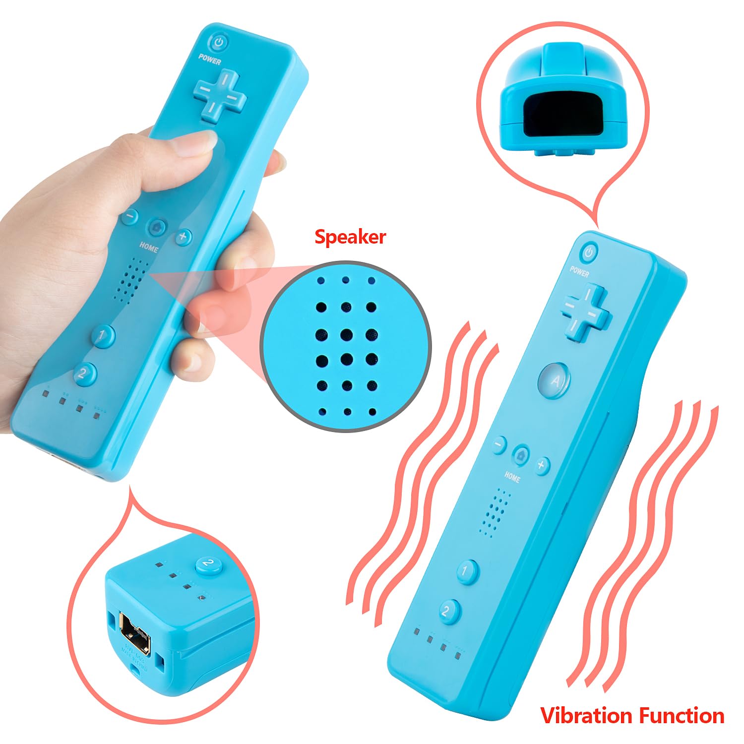 XiQiDianr Wii Remote Controller and Nunchaku Controller,Wii Controller with Nunchuck, Used Compatible with Nintendo Wii/Wii U Console, with Silicone Case and Wrist Strap(Red+Blue) - Image 3