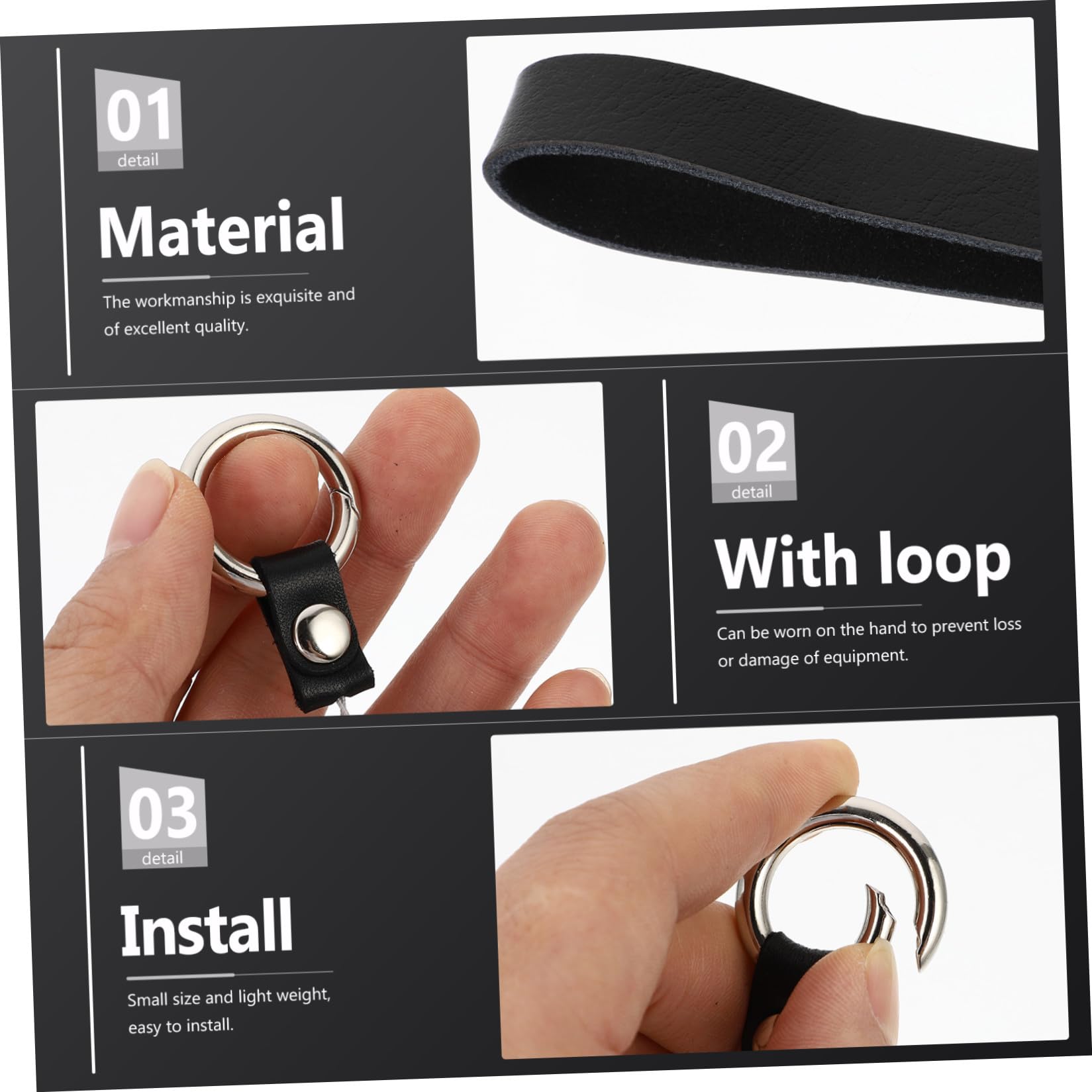 KOMBIUDA Handschlaufe mit Ringverschluss, Leder, Schwarz, 1 Stück