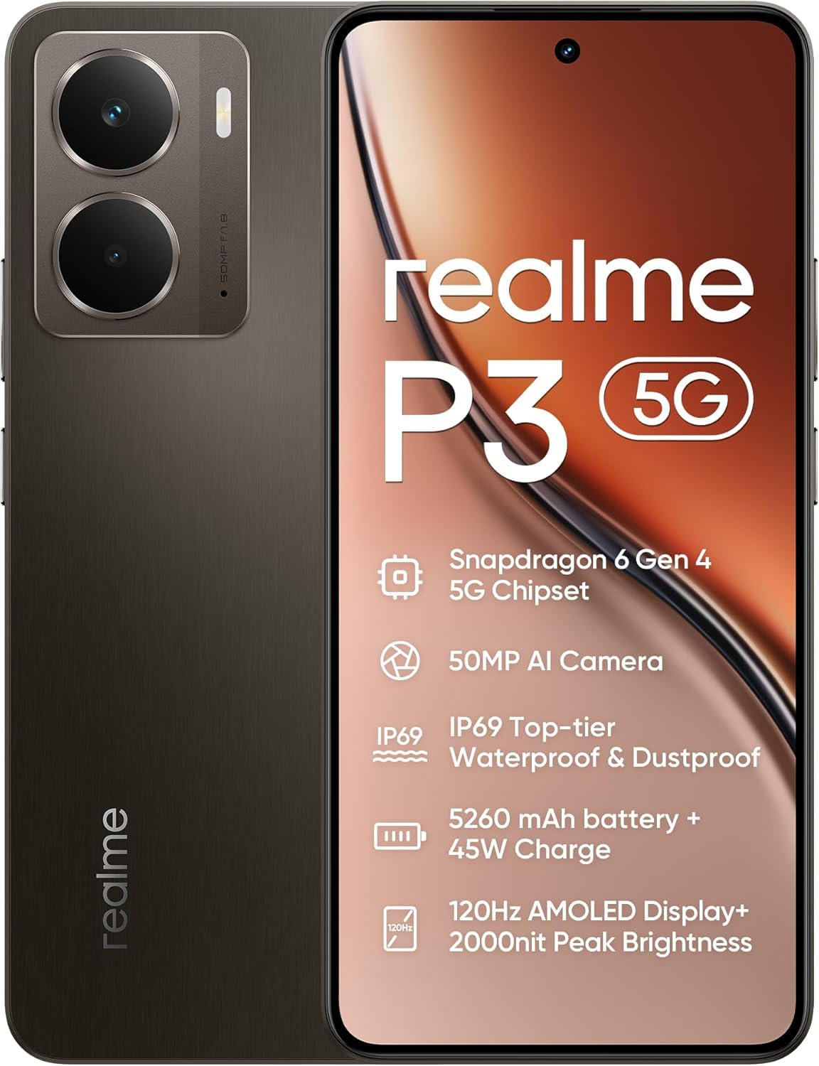 realme P3 5G Smartphone 12+512 GB, Batteria da 5260 mAh, Processore Snapdragon 6 Gen 4 5G, Ricarica rapida da 45 W, Display AMOLED a 120 Hz, Luminosità massima di 2000 nit, IP69, Grey