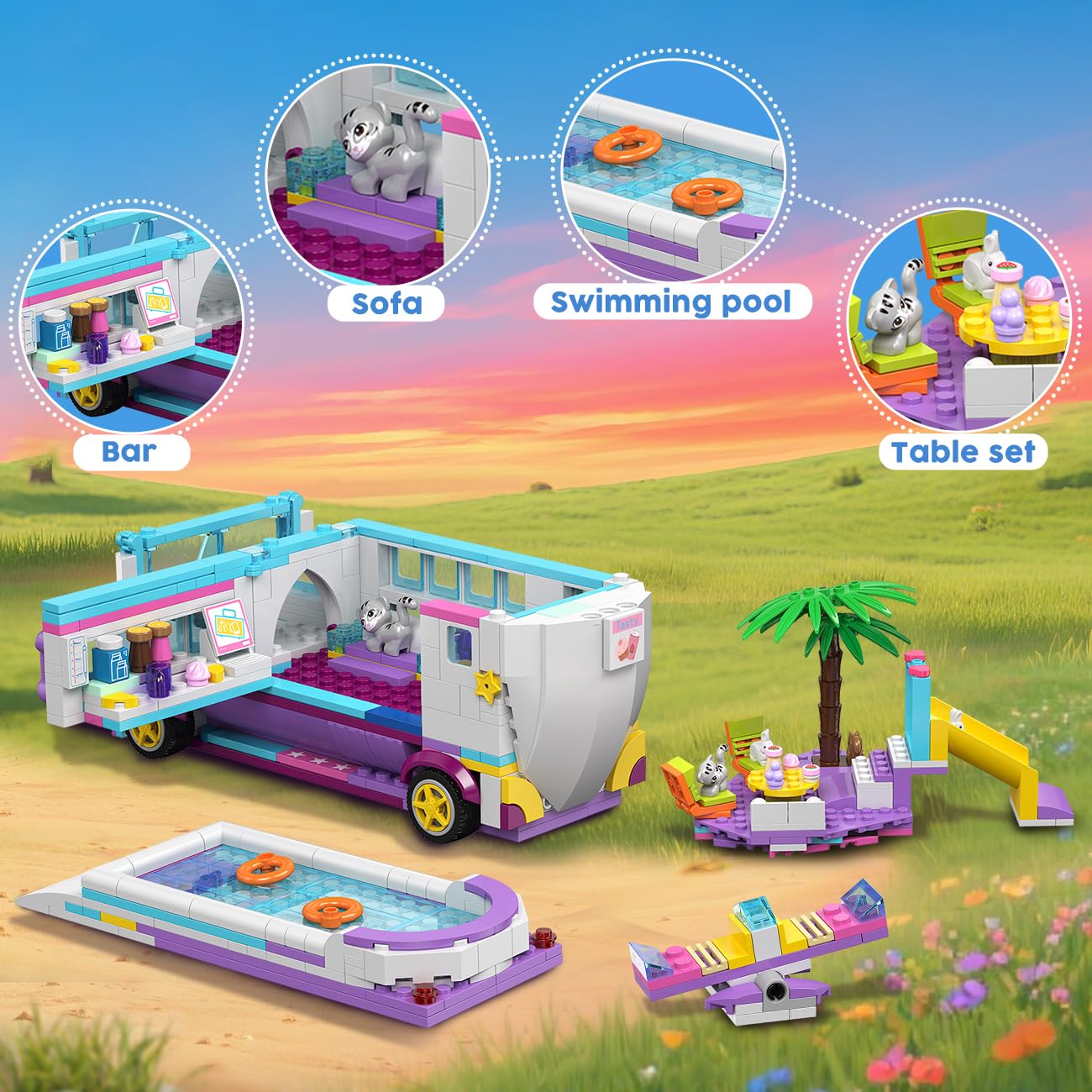 HOGOKIDS - 3 en 1 Friends Juego de construcción de Aviones - 808 Piezas de Bloques de Construcción de avión/Barco/Caravana con 6 minianimales, Tobogán y Pegatinas, Regalos para para niños y niñas