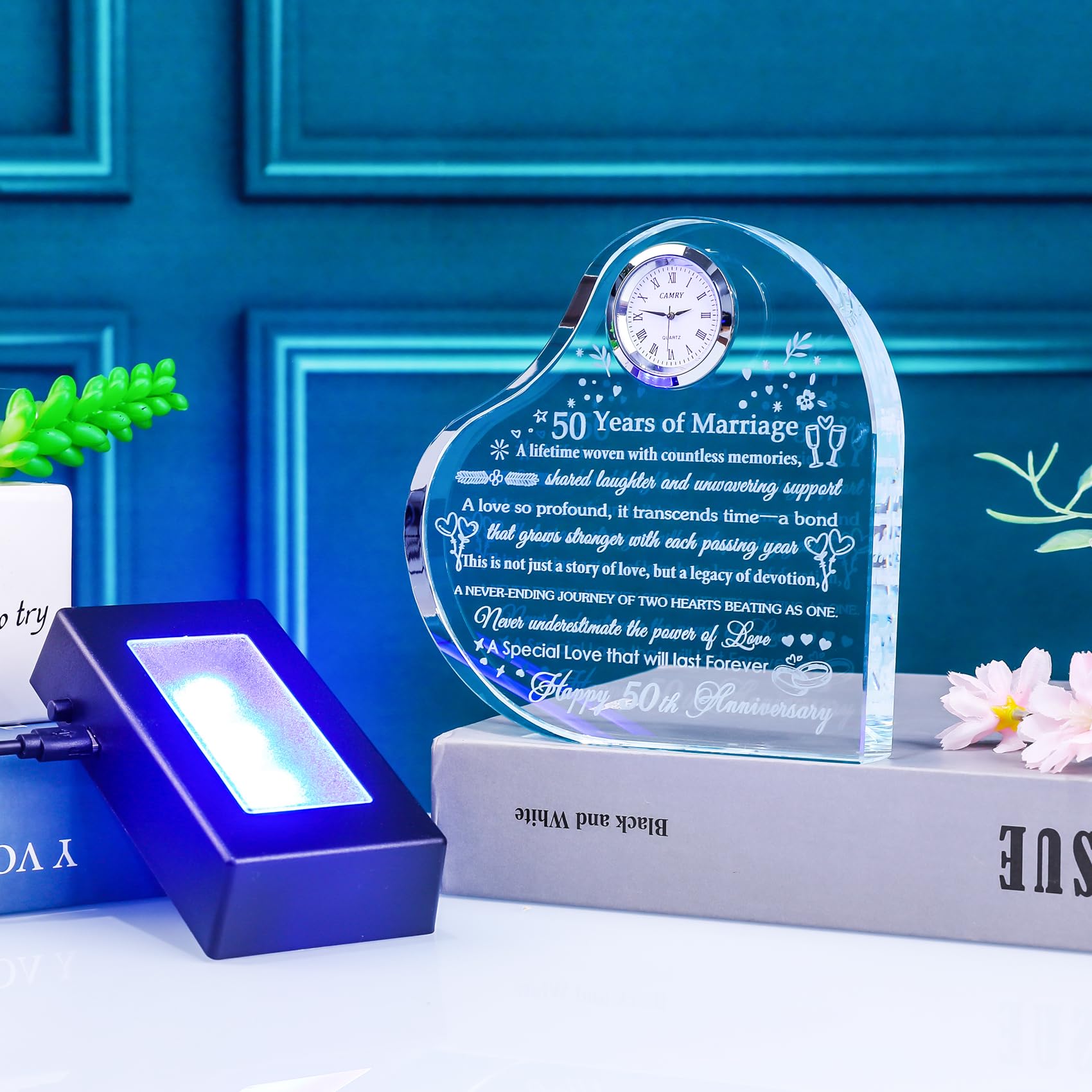 YWHL 50th Anniversary Heart Gifts for Couple 50th Wedding Anniversary Crystal Gifts for Wife Husband with Colorful LED Base Romantic 50 Years of Marriage Gift for Her Him (Battery not Included)