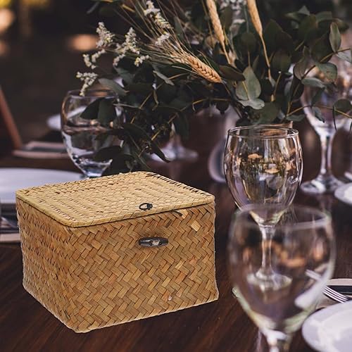 Miniatura 8 de Yardwe Cesta de papel higiénico, cestas de almacenamiento de pastos marinos con tapa, 2 cubos de mimbre tejidos a mano, cajas organizadoras