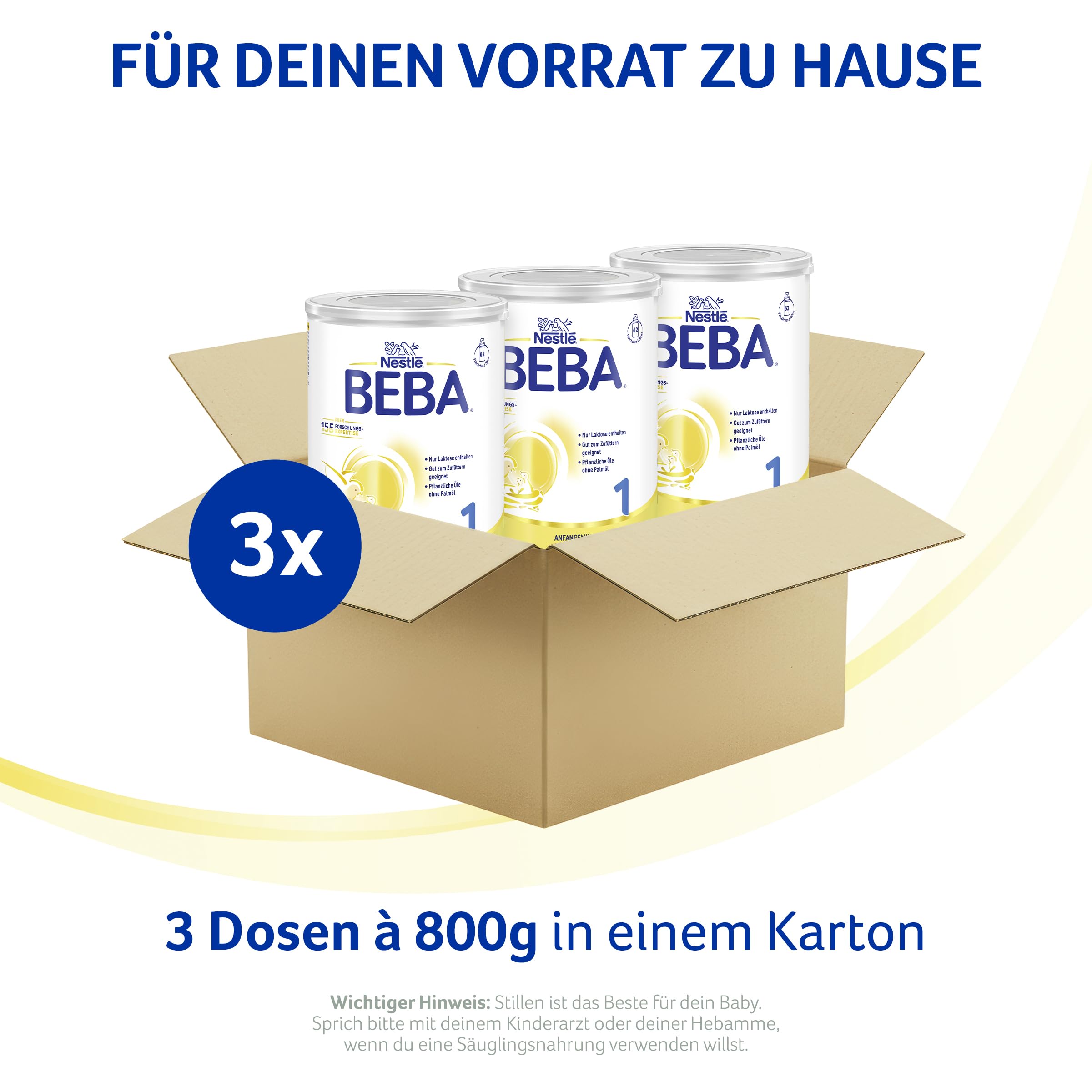 BEBA 1 - Anfangsmilch von Geburt an, Nur Laktose, Ohne Palmöl, Ohne Fischöl, Babynahrung, Baby-Milchpulver, 3er Pack (3 x 800g)