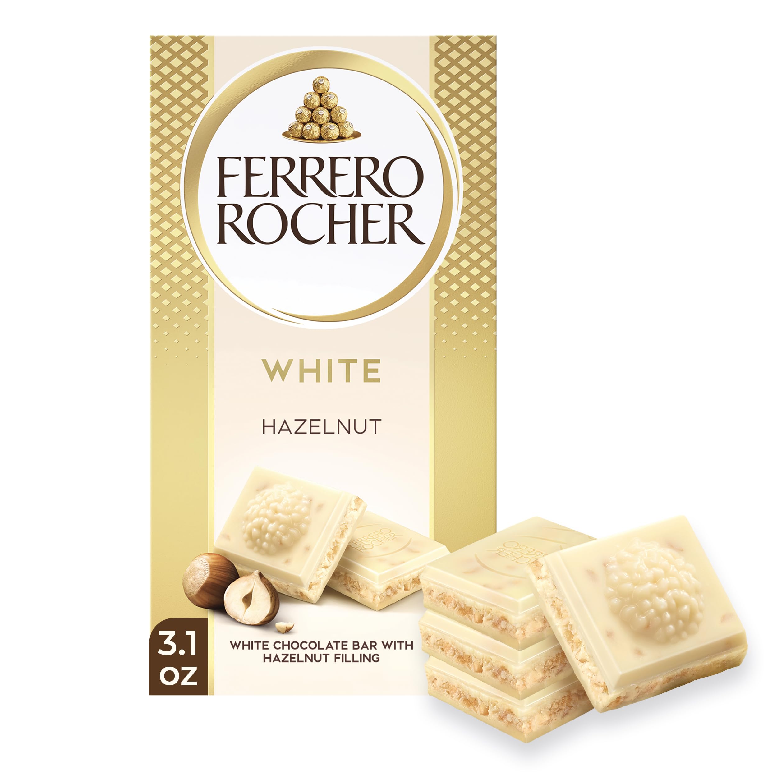 premium chocolate bar, White Chocolate with Hazelnut Filling, Perfect Self Treat, 3.1 oz Each