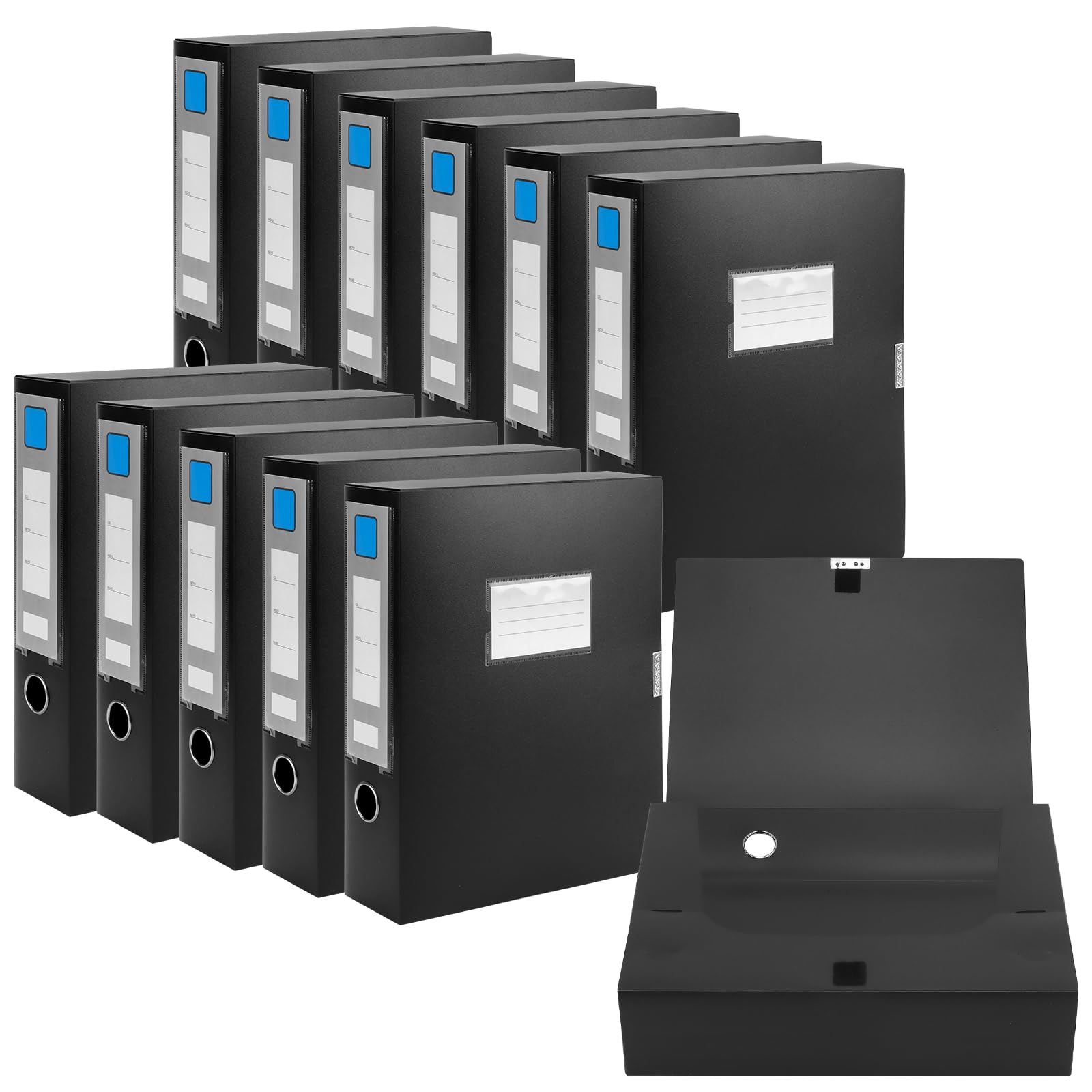 SINJEUN 12 Pack A4 Box Files, 75mm Spine Plastic Foolscap Document Folders, Black Paperwork Storage Organiser for Office Home, 30.8x23.5x7.5cm