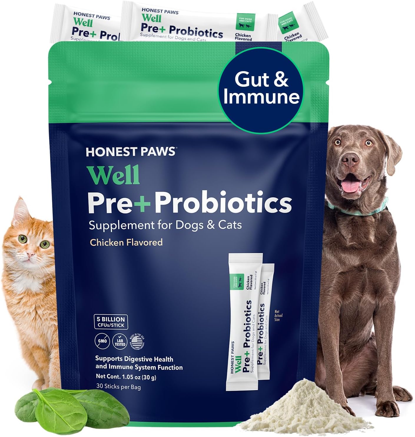 Honest Paws Probiotics for Dogs - Digestive & Immune Support Powder with Prebiotic Made in The USA, Chicken Flavor (30 Sticks)
